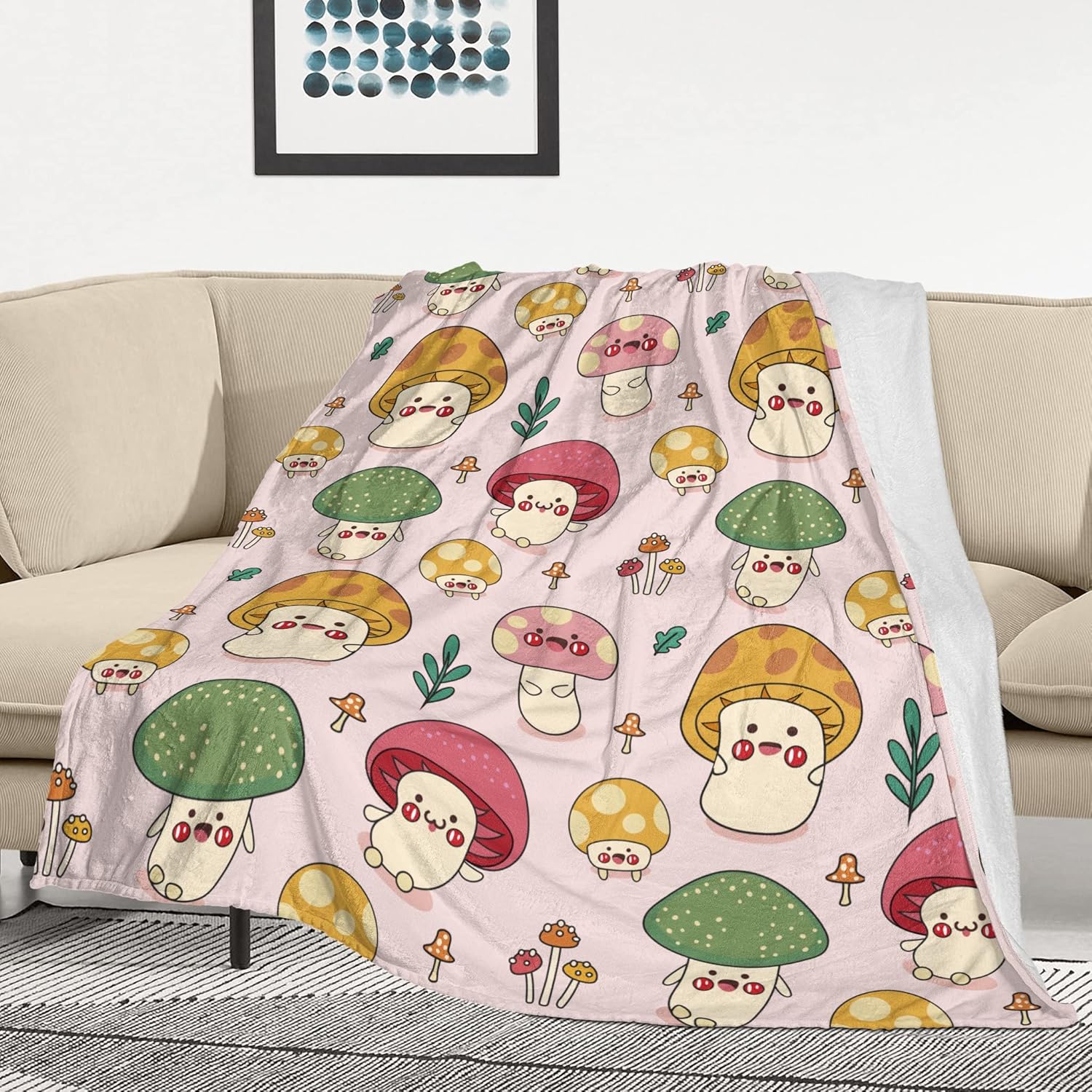 Pink Mushroom Blanket Soft Fuzzy Flannel Lightweight Cute