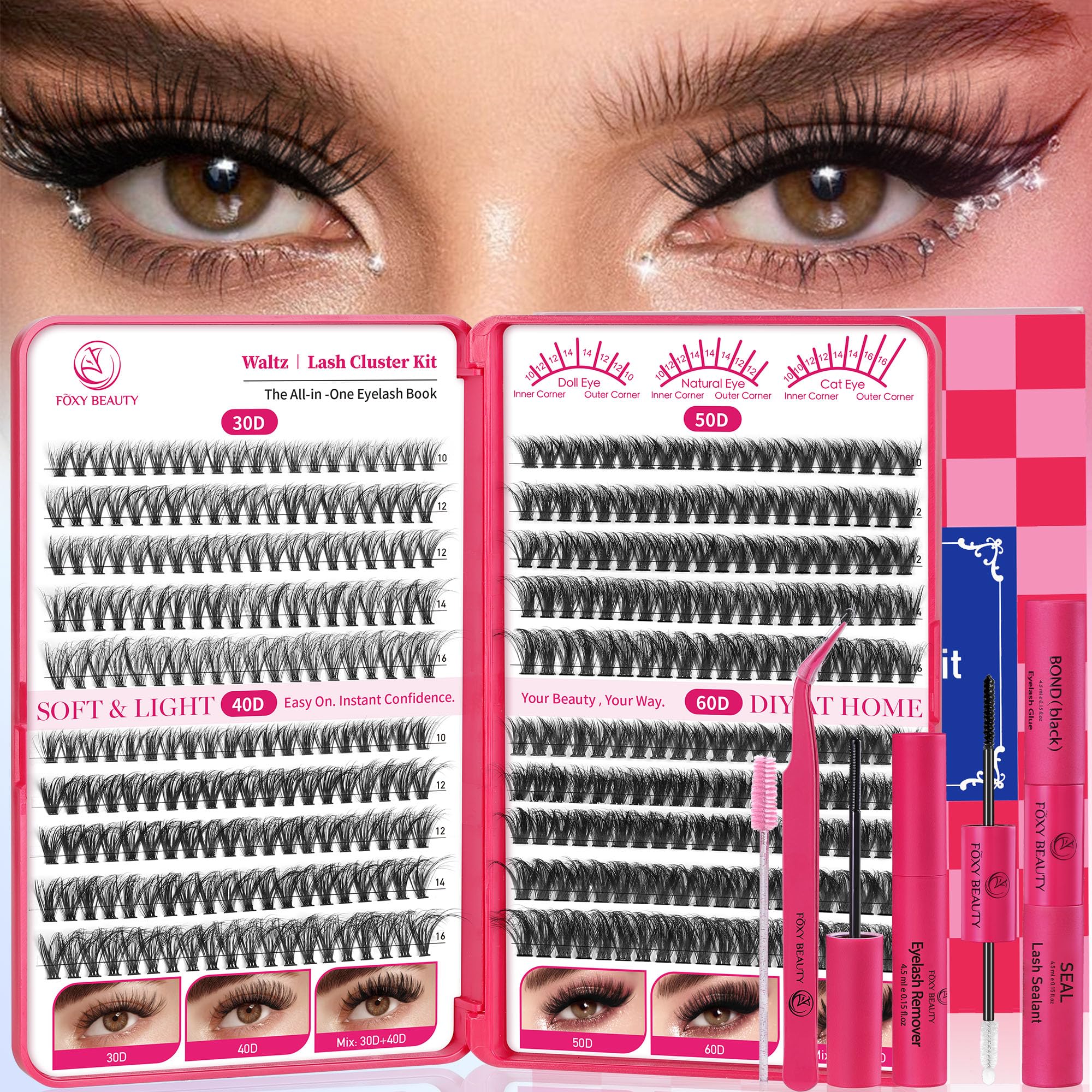 Foxy Beauty 640-częściowy zestaw do przedłużania rzęs D z klejem, uszczelniaczem, zmywaczem, aplikatorem i książką, DIY w domu