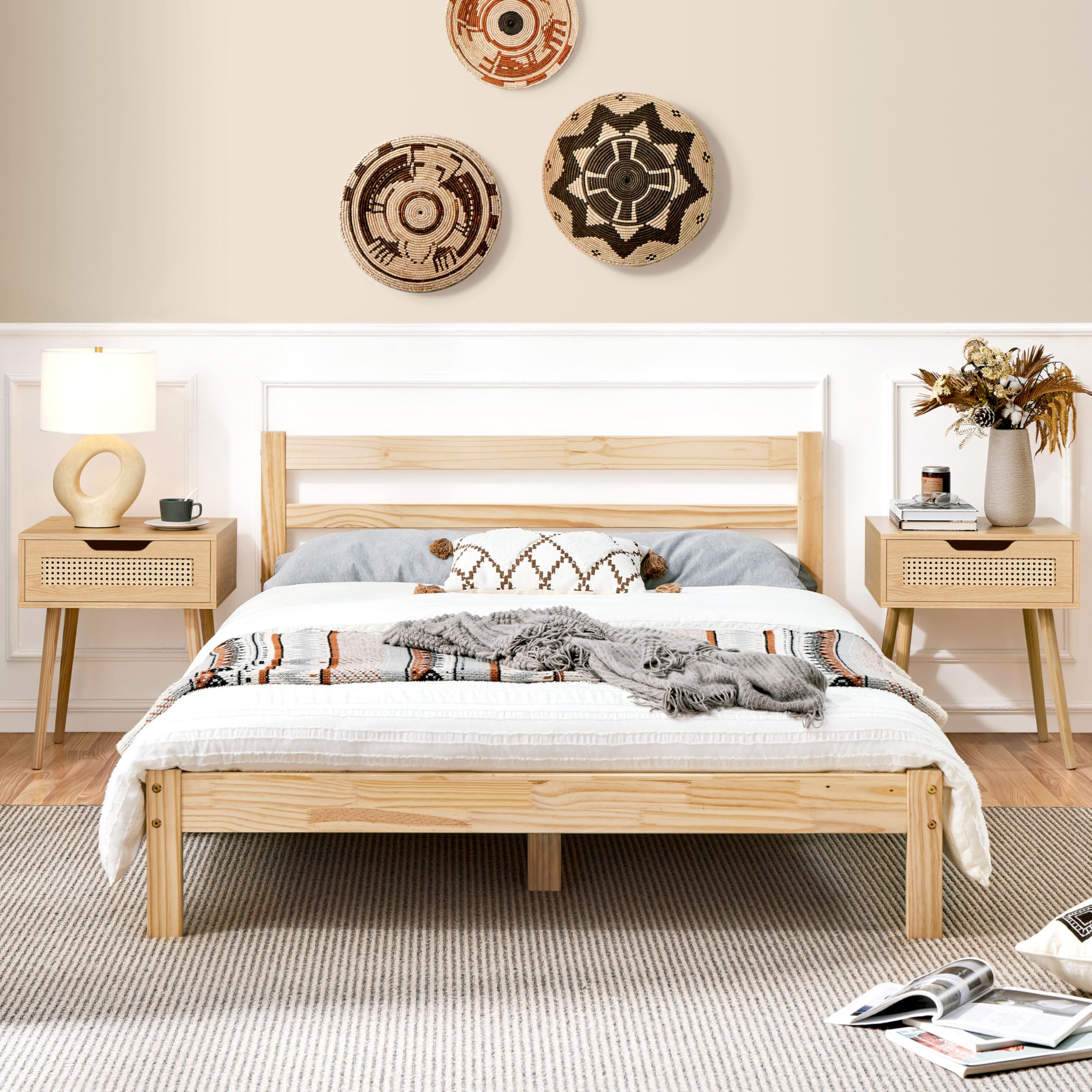 Yaheetech Nachttisch 2er Set mit Schublade Beistelltisch Rattan Nachtkommode Holzbeine Nachtschrank Sofatisch Boxspringbett Nachtkommode 48,5 cm L × 41 cm B × 57,5 cm H, Hellbraun