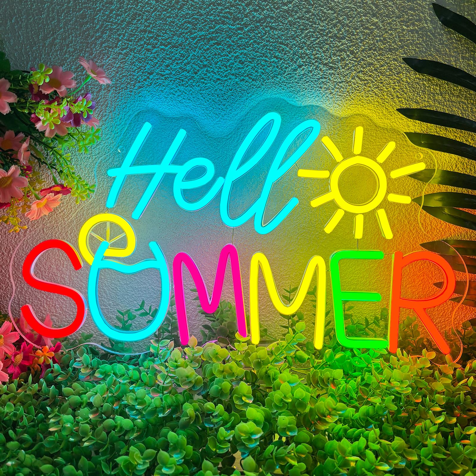Hello Summer Neon Light Sign, Colorful LED Neon Sign with Sun and Lemon Design, USB Powered Dimmable Neon Light for Wall Decor, Summer Decorations for Bedroom, Living Room, Beach Party, Home Bar