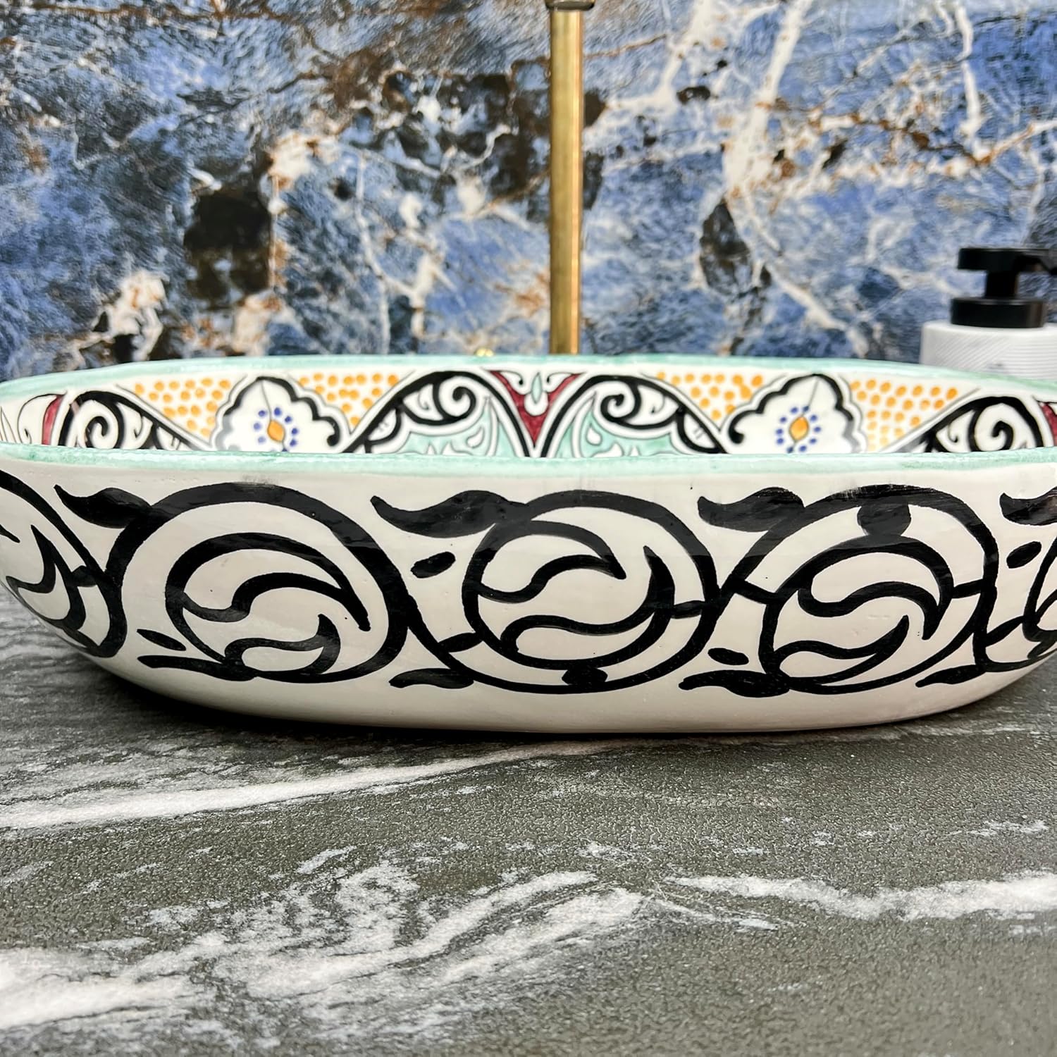 Handmade Moroccan Ceramic Vessel Sink - Multicolor Floral Oval Countertop Basin - Boho Eclectic Hand-Painted Washbasin for Vanity (38x29cm = 15x11.5in)