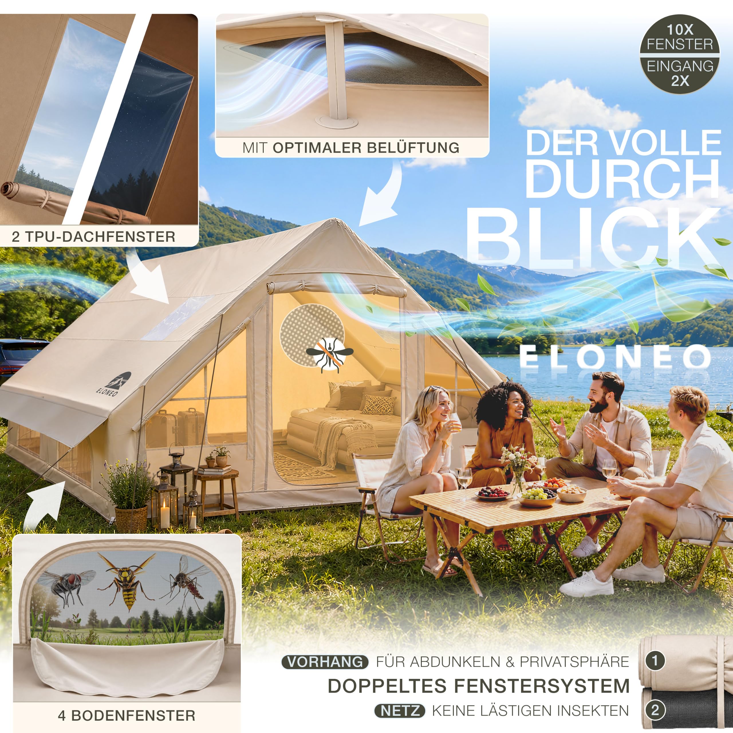 ELONEO aufblasbares Zelt für 2/4/6/8 Personen mit Dachfenster & Luftpumpe, Premium Glamping Zelt wasserdicht, Luftzelt, Inflatable Tent, Camping Zelt