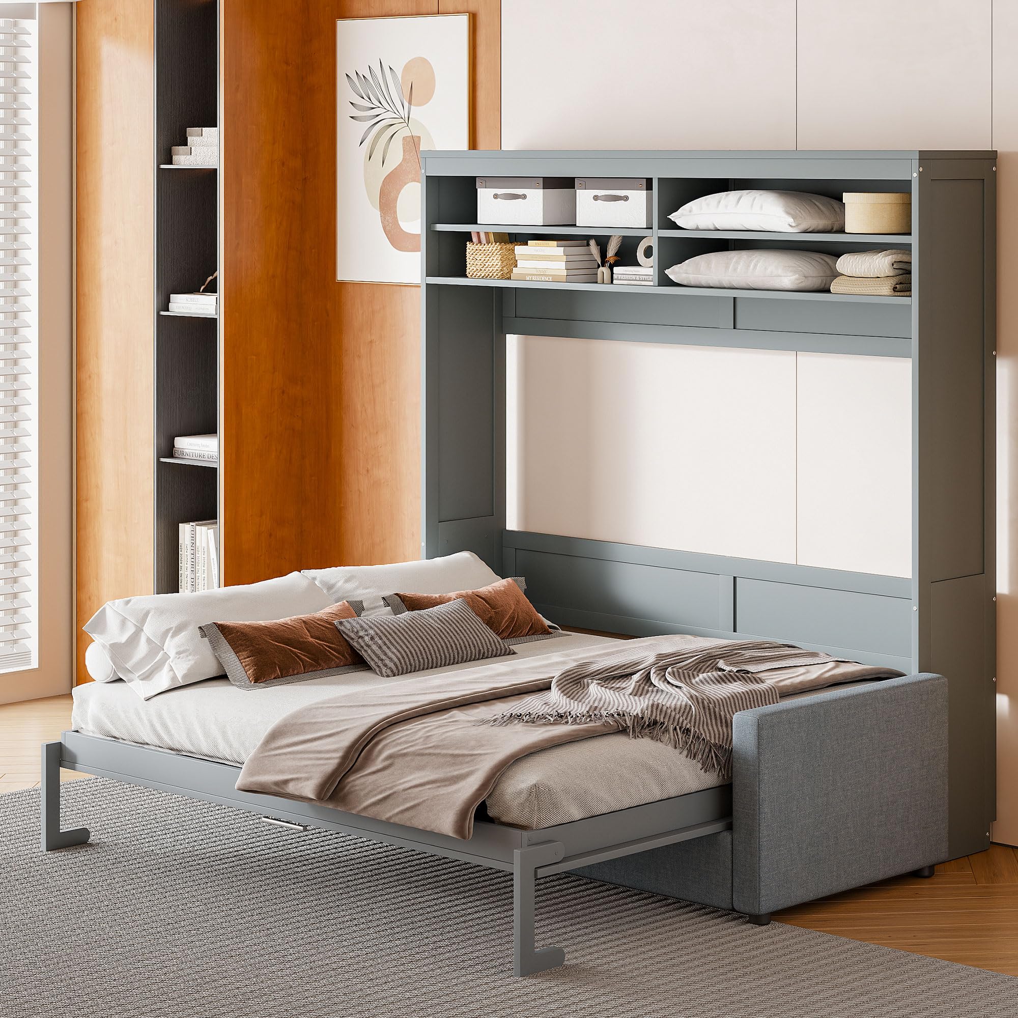 imagen similar color white )Linique Queen Size Murphy Bed with Sofa and Top Shelf, Horizontal Wall Bed, Versatile Convertible Wooden Bed Frame, color white