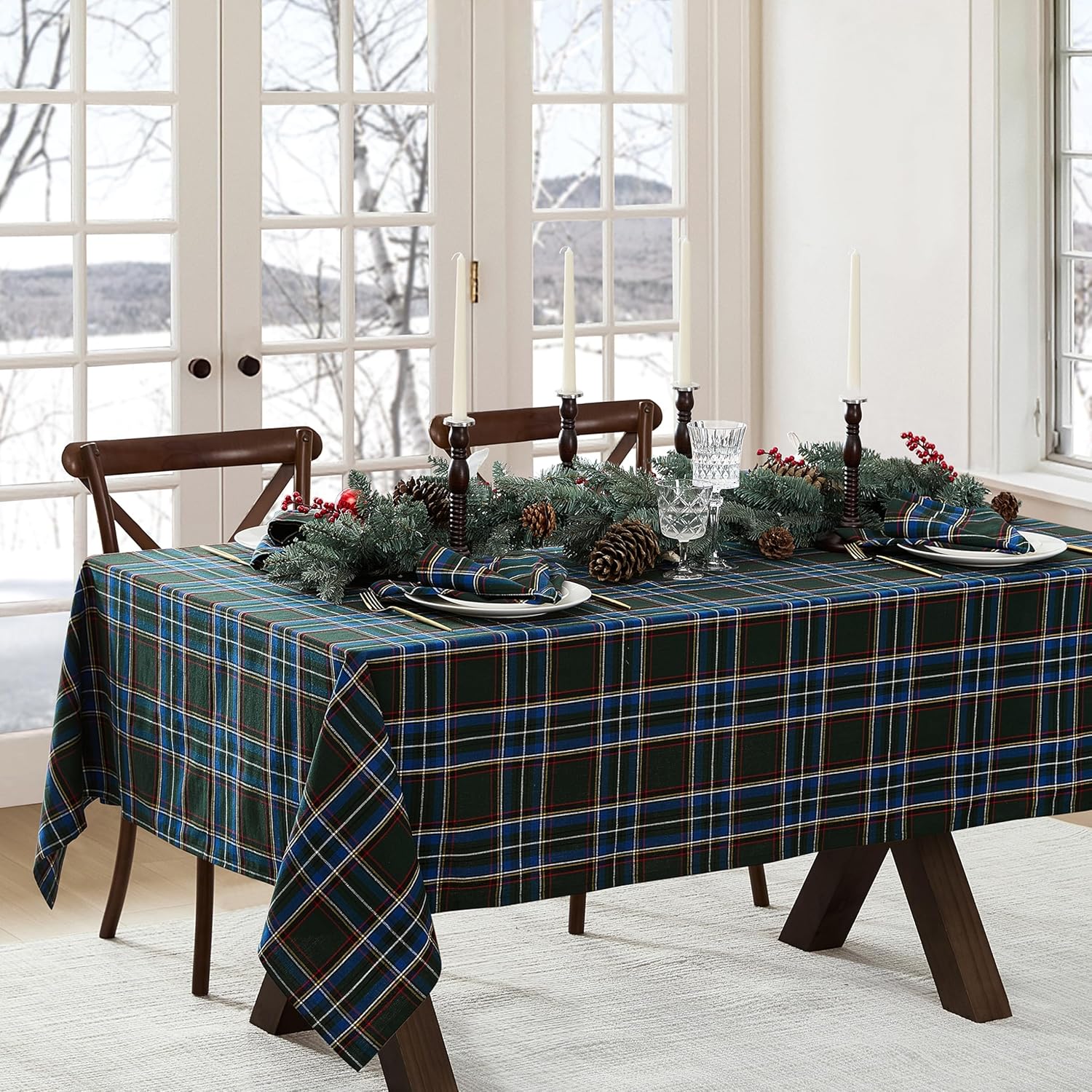 Elrene Home Fashions Stowe Tartan Holiday Plaid Christmas/Winter Cotton Rectangle Tablecloth, 60"x102", Green