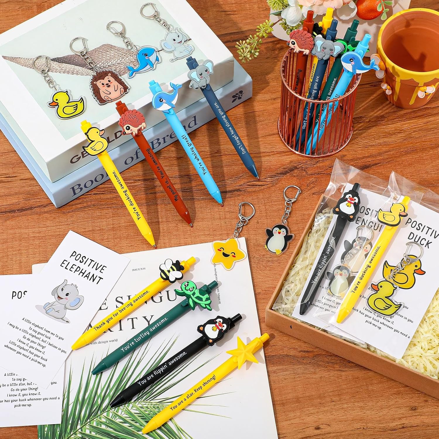 Landical 48 Sets Employee Appreciation Gifts Bulk, Positive Pen Inspirational Keychain with Motivational Card, Thank You Gift for Office Class Favor Coworker Team Teacher (Smart Animal)