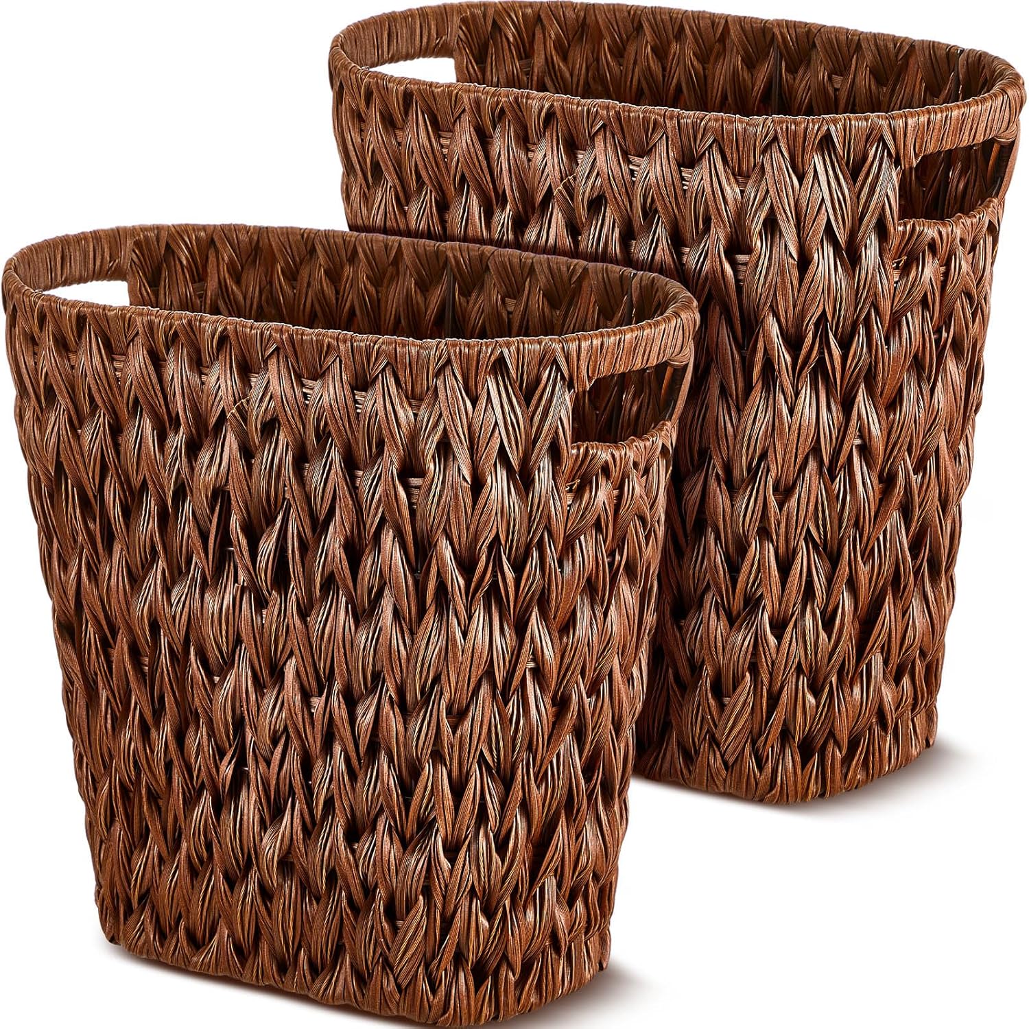 Hushee 2 Pack Wicker Waste Basket, Wicker Trash Can for Bathroom, Rattan Trash Can, Woven Bin for Office, Hyacinth Waste Basket for Home Kitchen(Plastic Water Hyacinth,Brown)