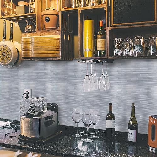 Miniatura 10 de Azulejo de metro lineal para salpicaduras de pared de color negro, superficie de metal de aluminio autoadhesiva, azulejos de pared para cocina y