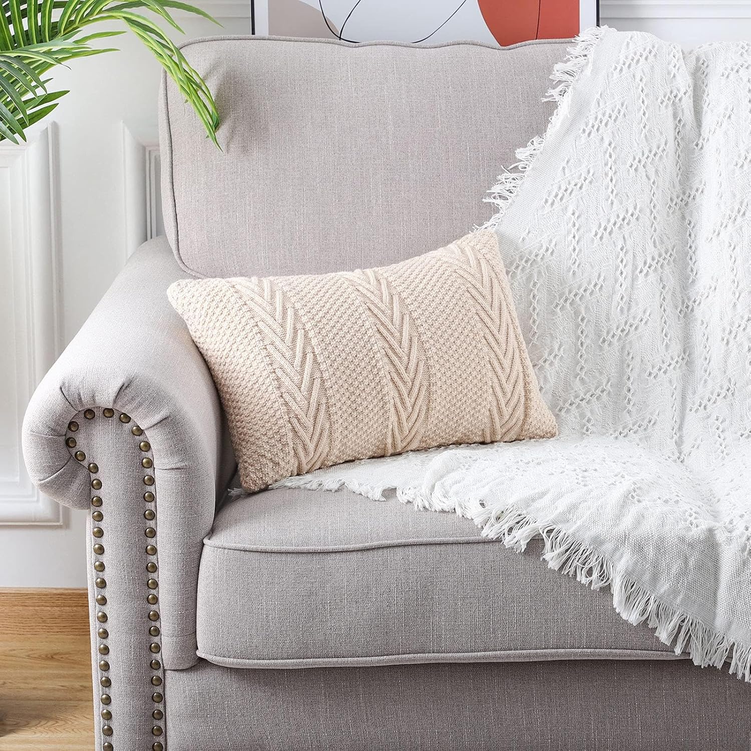 MANDIOO Cotton Knitted Decorative Lumbar Throw Pillow Covers Soft Cozy Outdoor Cushion Cases Luxury Modern Pillowcases for Couch Sofa Bed 12x20 Inches Beige - Image 2