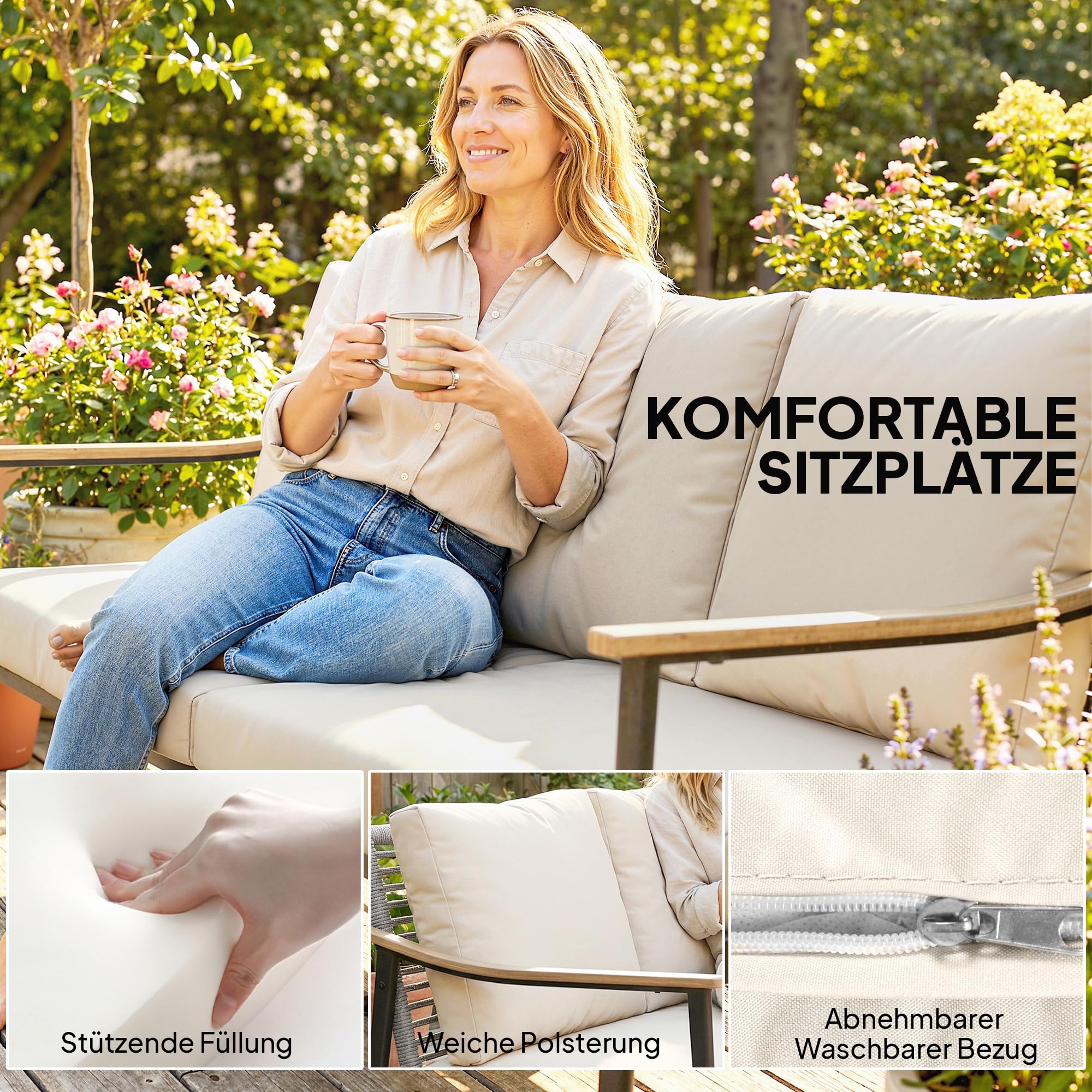Outsunny Gartensofa 3-Sitzer Rattan Loungesofa mit abnehmbar Kissen Holzoptik-Armlehnen Stahlrahmen wetterfest Gartenbank Outdoor Sitzbank Gartenmöbel für Garten Terrasse Khaki