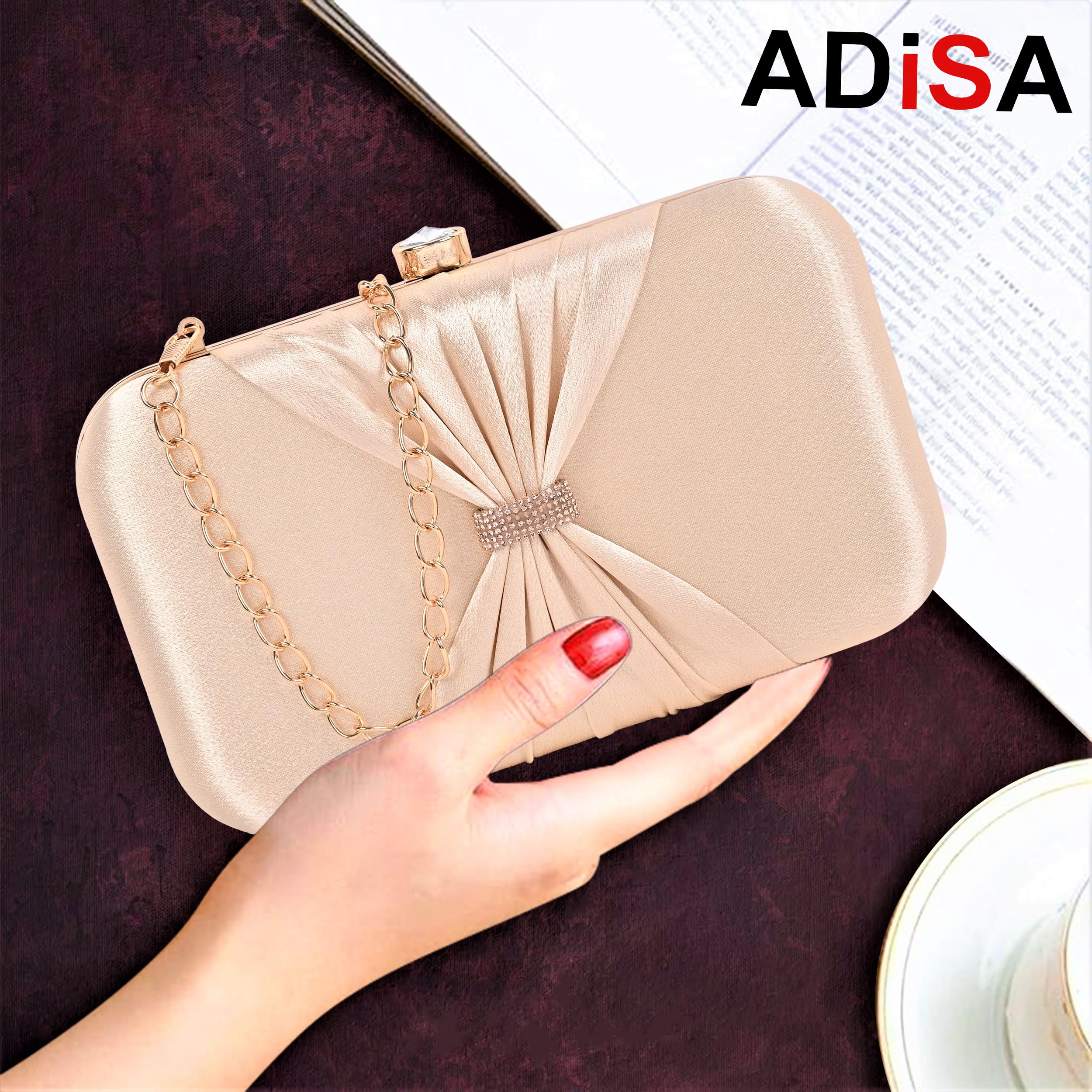 ADISA bow formal party clutch with gold chain for women and girls (CL102-GOL) 3