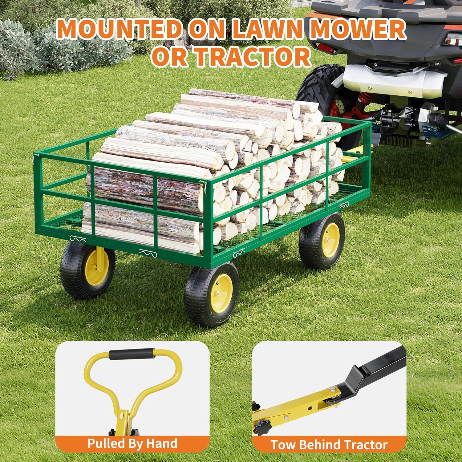 Metal Wagon Cart Heavy Duty - 1200lbs Capacity Garden Wagon with 10" Multi-Terrain Tires, 4 Removable Mesh Sides & 180° Swivel Handle for Lawn, Yard, Patio Gardening and More