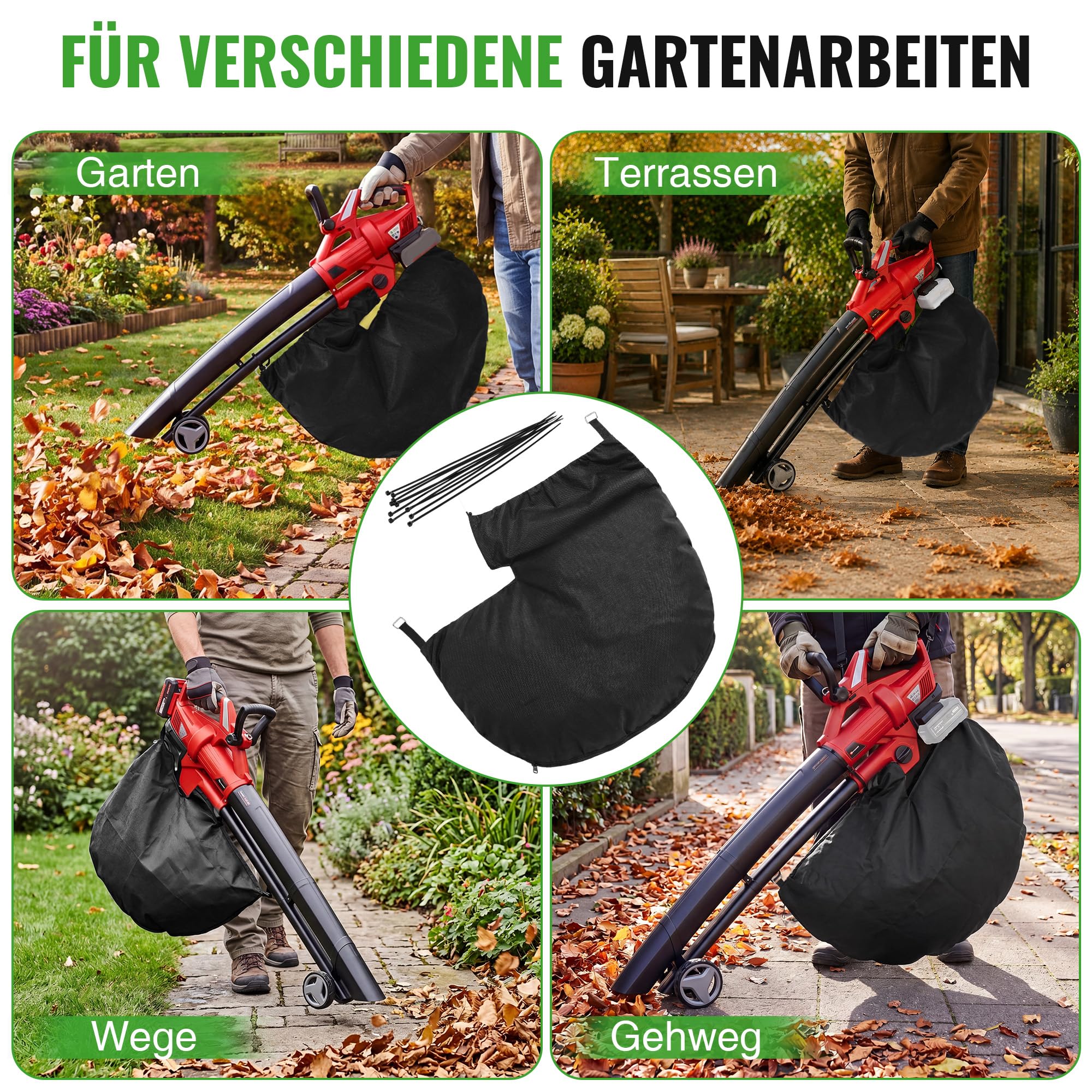 Enhon Fangsack Ersatzfangsack für Laubsauger, kompatibel mit Einhell GE-CL 36 Li E-Solo, Laubsaugerbeutel Laubsack mit eckigem Anschluss, Vliesstoff, Reißverschluss für Gartenabfälle, 10 Kabelbinder