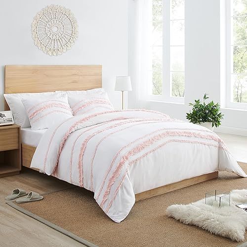 Miniatura 2 de Juego de ropa de cama de 2 piezas con borlas copetudas de macramé blanco y rosa bohemio, bohemio, elegante, tamaño individualindividual XL, funda de