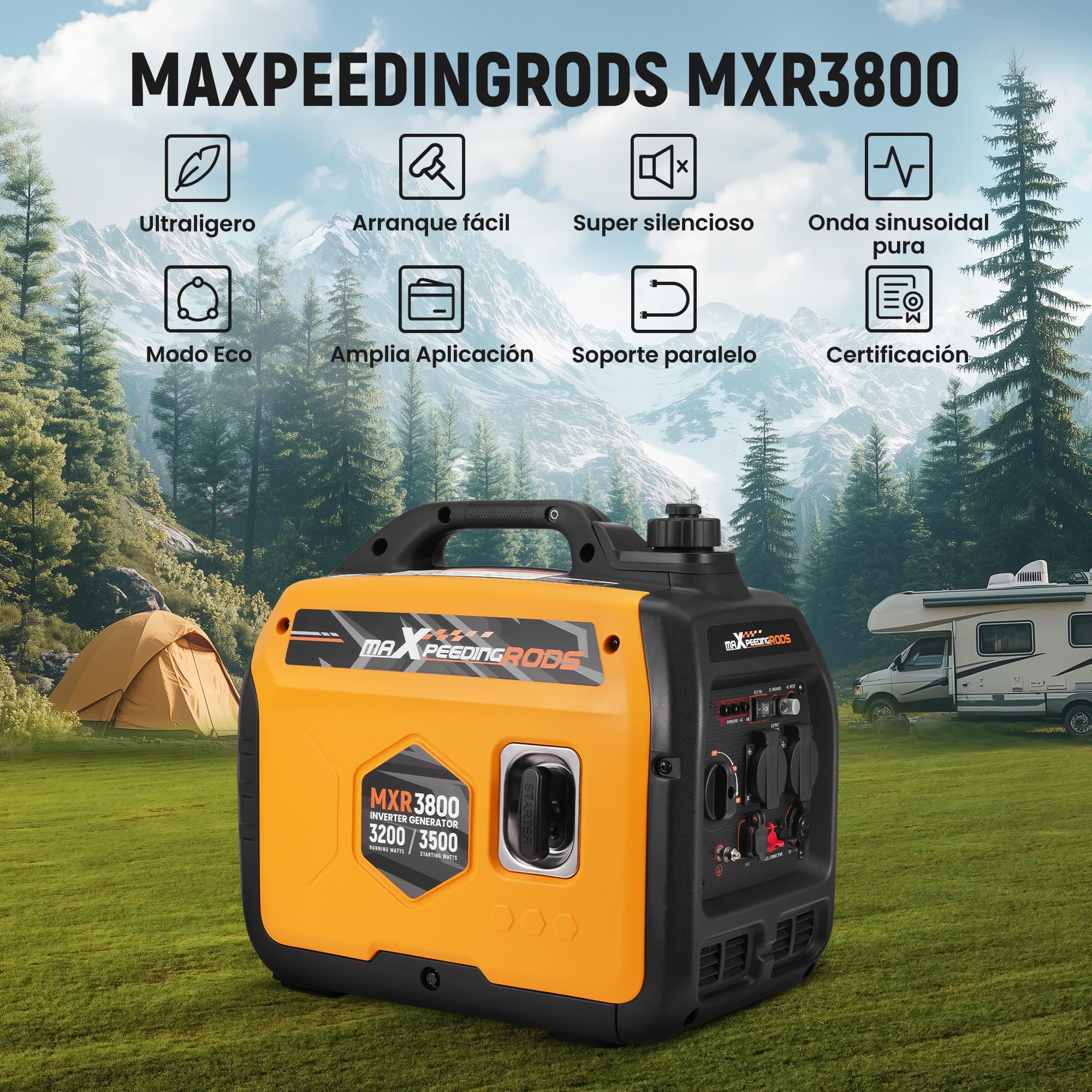 maXpeedingrods Generador de corriente inverter de 3500 W, ligero y portátil, de gasolina, generador de corriente de emergencia, modo ecológico con 2 x 230 V/2 x USB, 1 x 12 V CC enchufes para RV