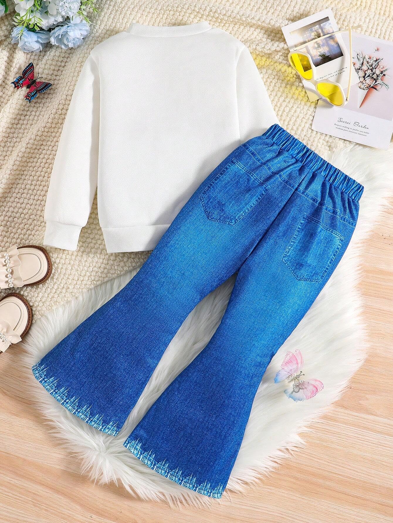 Ropa de niña de manga larga con estampado de dibujos animados y letras + pantalones acampanados con estampado de papelería de frutas