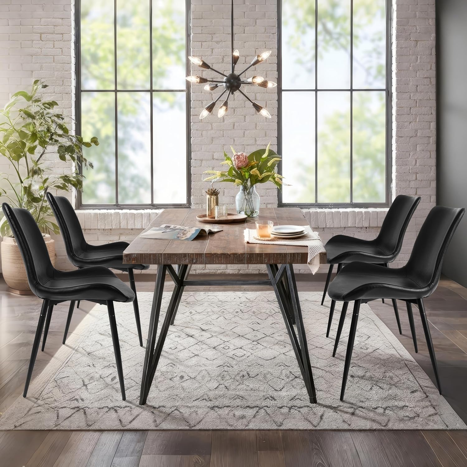 CangLong Modern Dining Chairs Set of 2, Faux Leather Upholstered Armless Accent Chairs with Soft Backrest & Metal Legs, for Living Room Meeting Room, Black