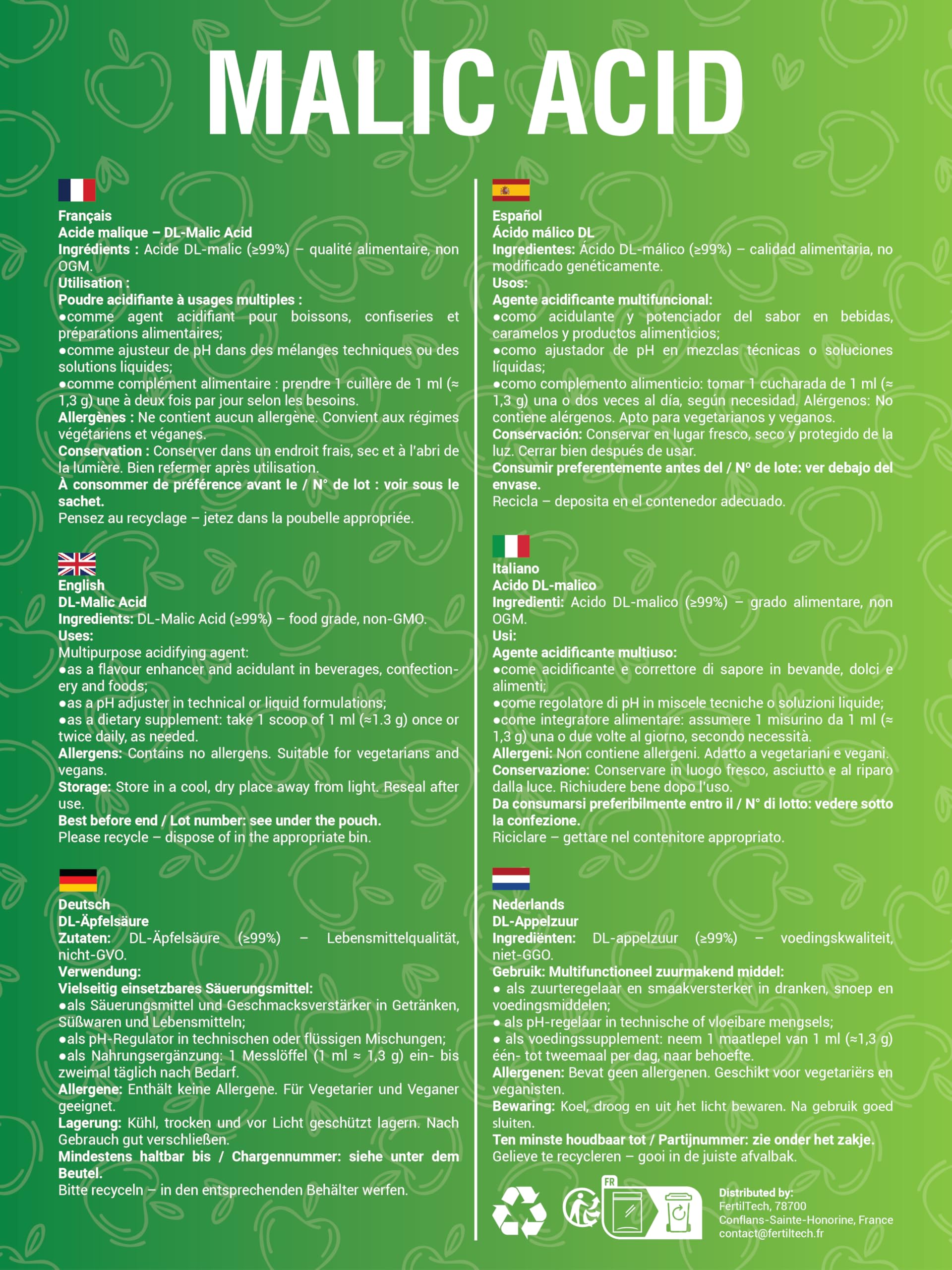 FertilTech Acide Malique Alimentaire 750 g Acidifiant Naturel Qualité Alimentaire Pour Boissons Confiseries et Pâtisseries Goût Acidulé Fruité Convient aux Recettes Maison Formule Vegan