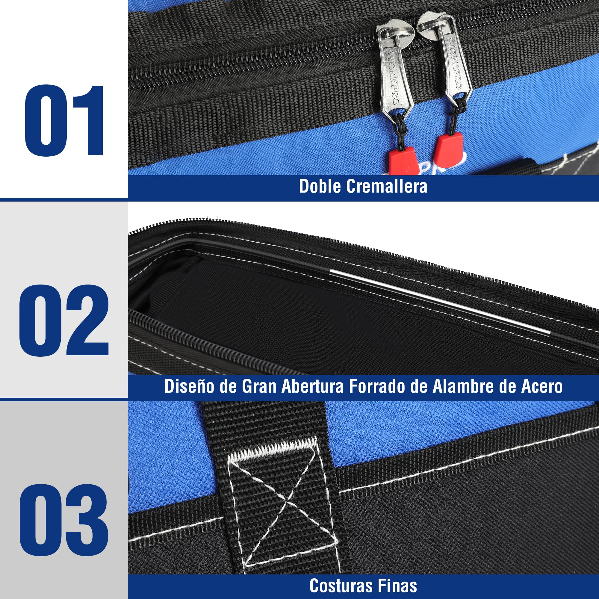 WORKPRO Bolsa de Herramientas 40 * 22 * 26cm, con Boca Ancha, Bolsa Portaherramientas, con Base de Plástico Rígida, Carga Máxima 15kg