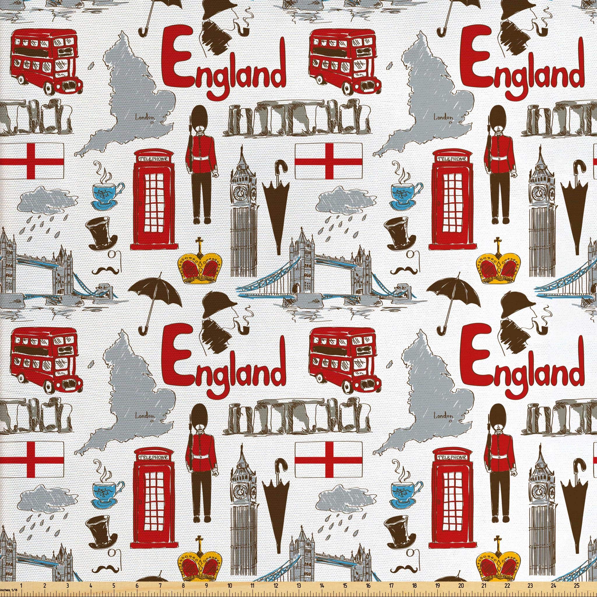 ambesonneLondon Fabric by The Yard, Fun Colorful Sketch Royal Guard Map Rain Famous Country Landmarks and Stonehenge, Decorative Fabric for Upholstery and Home Accents, 2 Yards, Grey Ruby