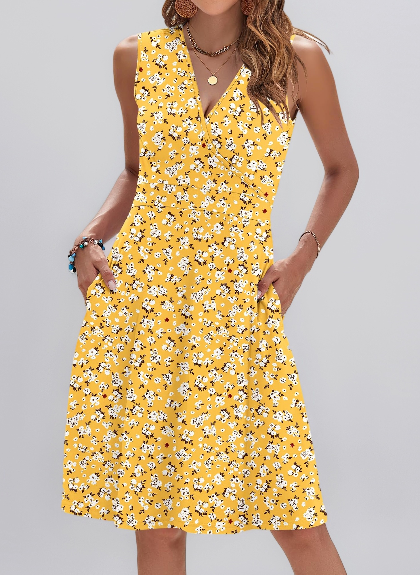 AUSELILY Women Summer Dress V-Neck Sleeveless Ladies Dress Sexy Floral Print Beach Dress Casual Minidress with Pockets