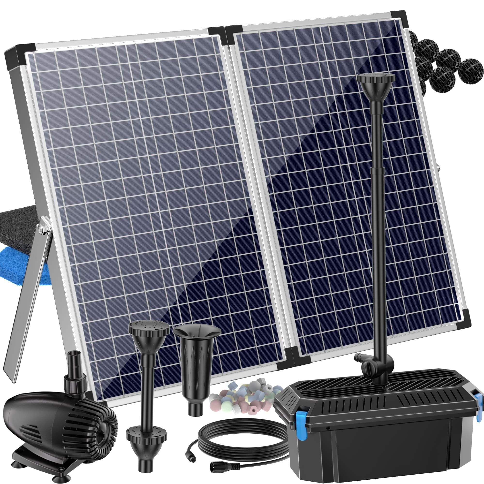 Biling Solar Pond Filter Kit 2500L/H 70W Solar Pond Filtration System with 3 Nozzles Adjustable Valve, Biological Filter Clean Water for Up to 4200L Fish Tank Waterfall