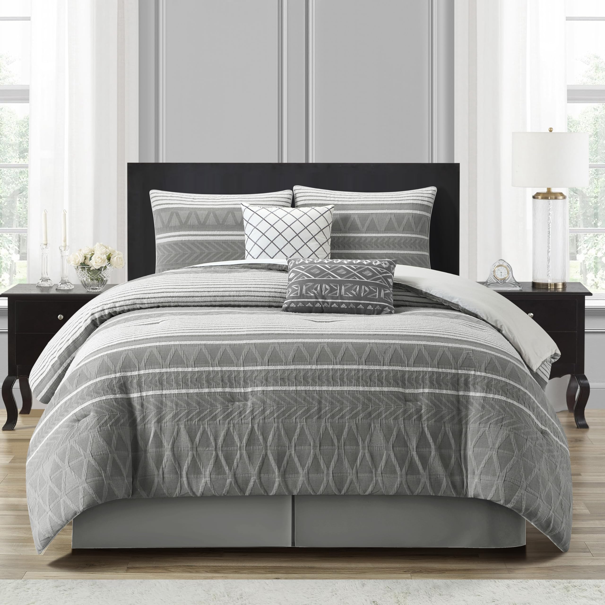 Stratford Park Cotton King Size Comforter Set, 6 Piece, Color Grey, Geometric Jacquard Bedding Set, Matching Bedskirt, Pillows & Shams-image-6