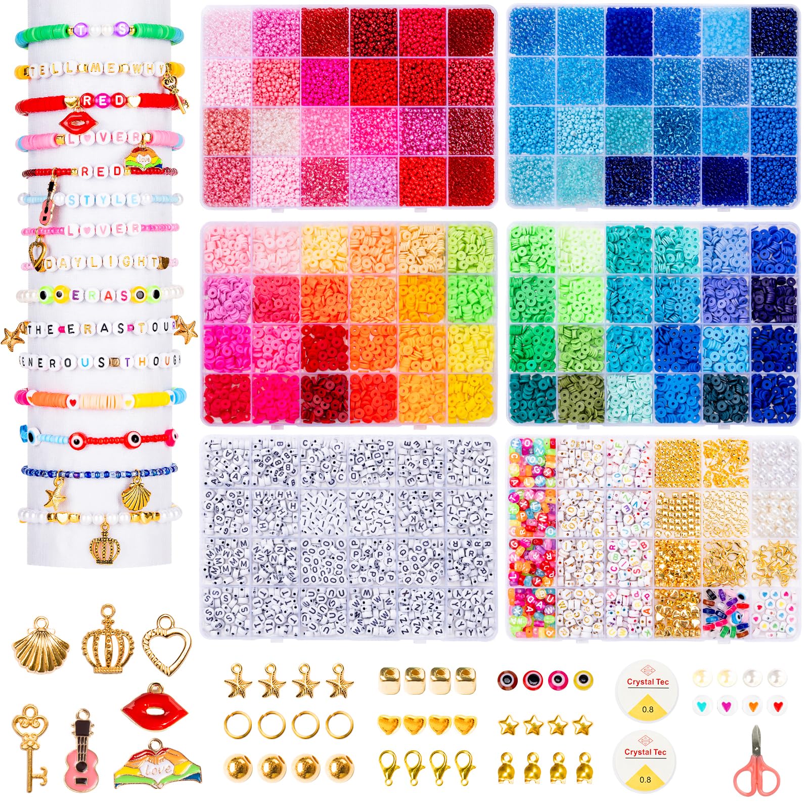 Goldwise Kit per braccialetti dell'amicizia, 6 scatole, kit per la creazione di braccialetti con perline in argilla di 48 colori, perline in vetro di 48 colori e 4 stili di perline con lettere (A-Z