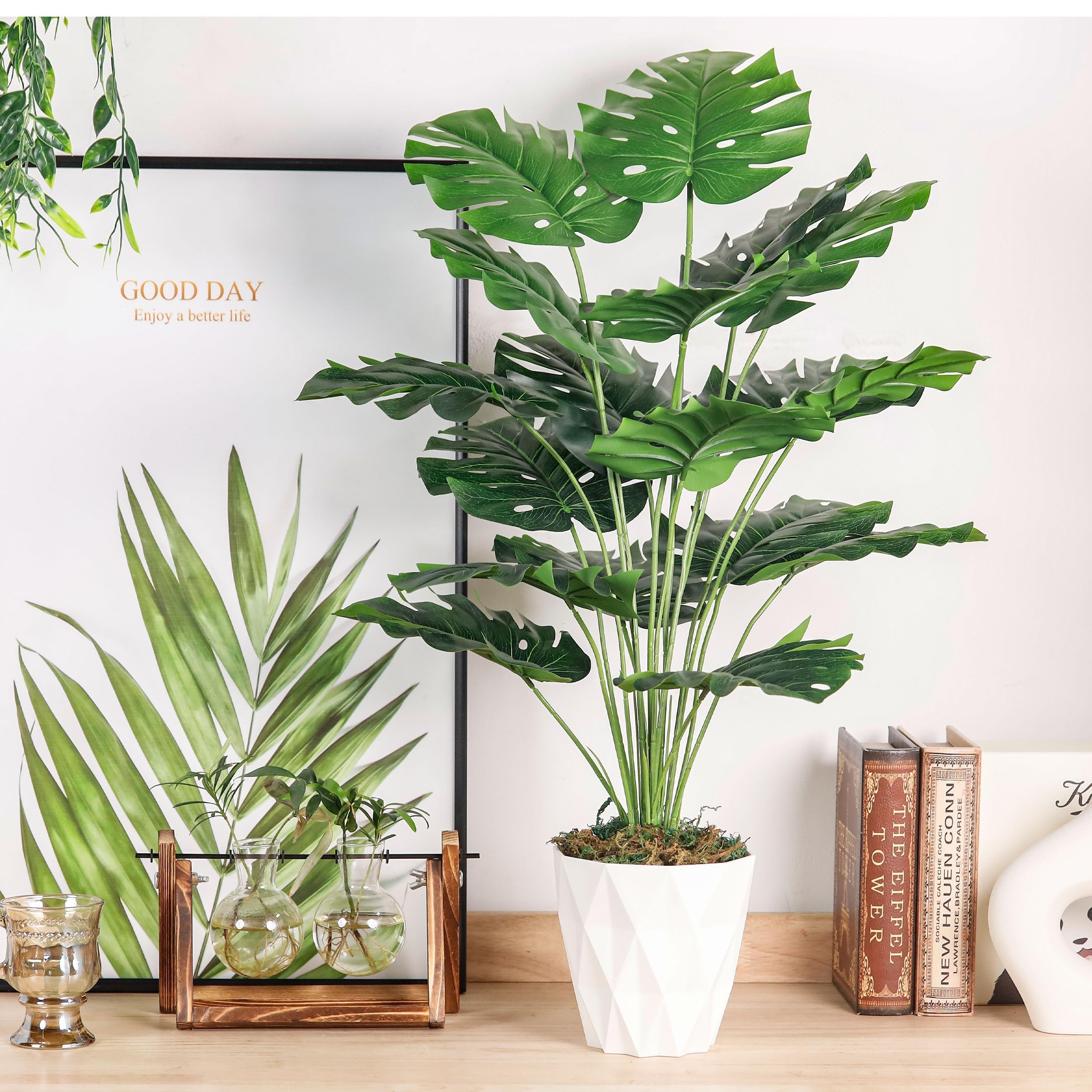 Der Rose 28" Tall Fake Plants Large Artificial Monstera Faux Potted Plants Indoor with White Pot for Home Office Living Room Decor - Image 2