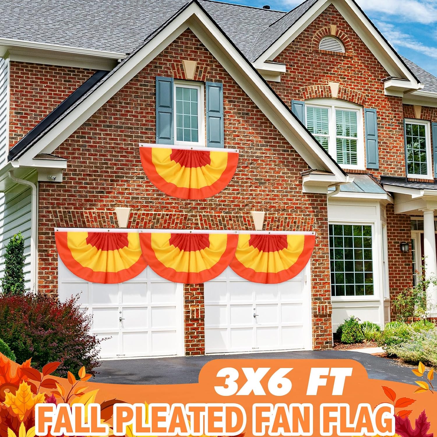 VitalCozy 4 Pcs Fall Thanksgiving Pleated Fan Flags 3 x 6 Feet Orange Red Yellow Stripe Pleated Flag Buntings for Outside Half Fan Banners for Autumn Thanksgiving Indoor Outdoor Holiday Parade Decor