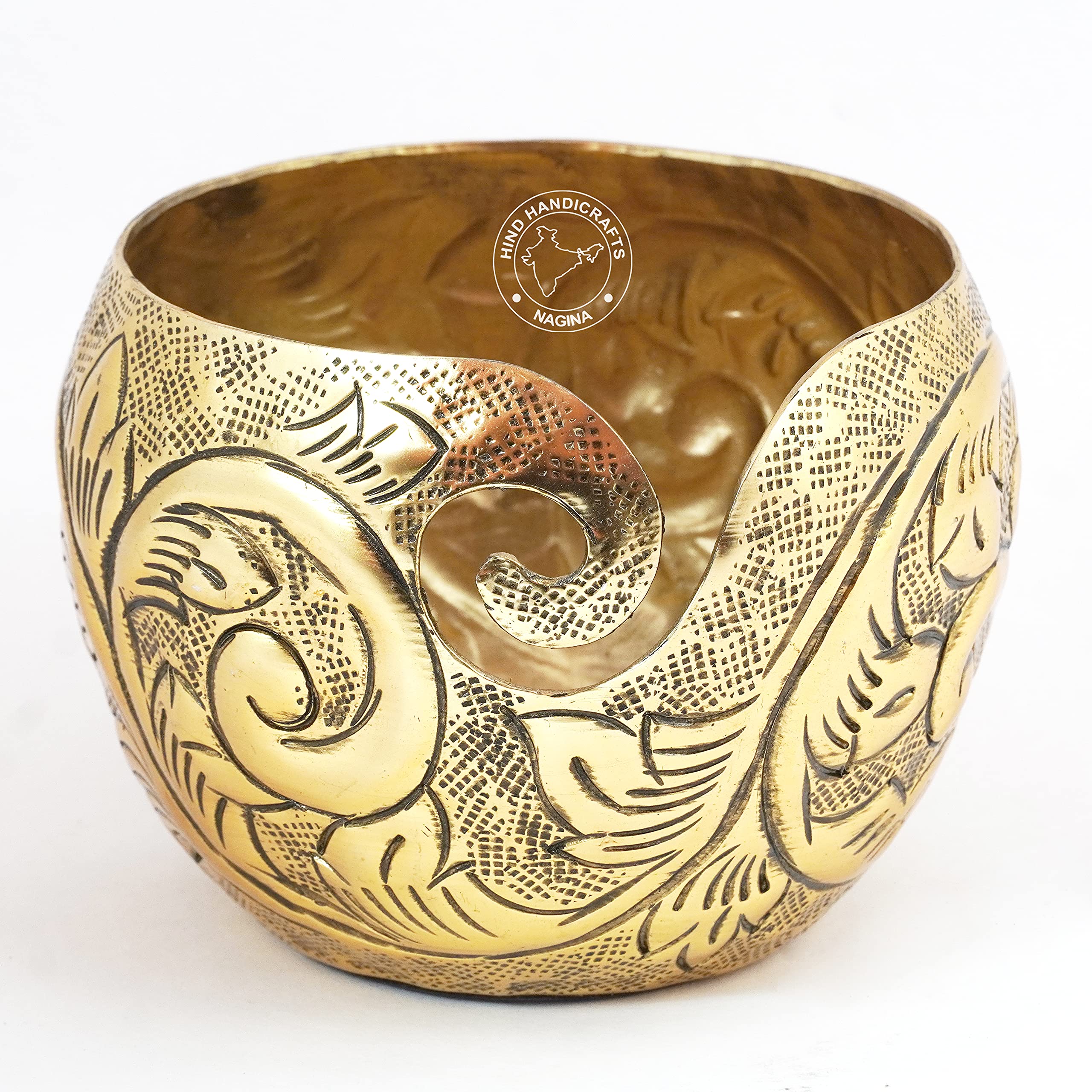 Hind Handicrafts Premium Solid Handmade Crafted Metallic Finish Portable - Iron Yarn Storage Bowl - Holder for Knitting Crochet Hook Accessories (Antique Brass, 6