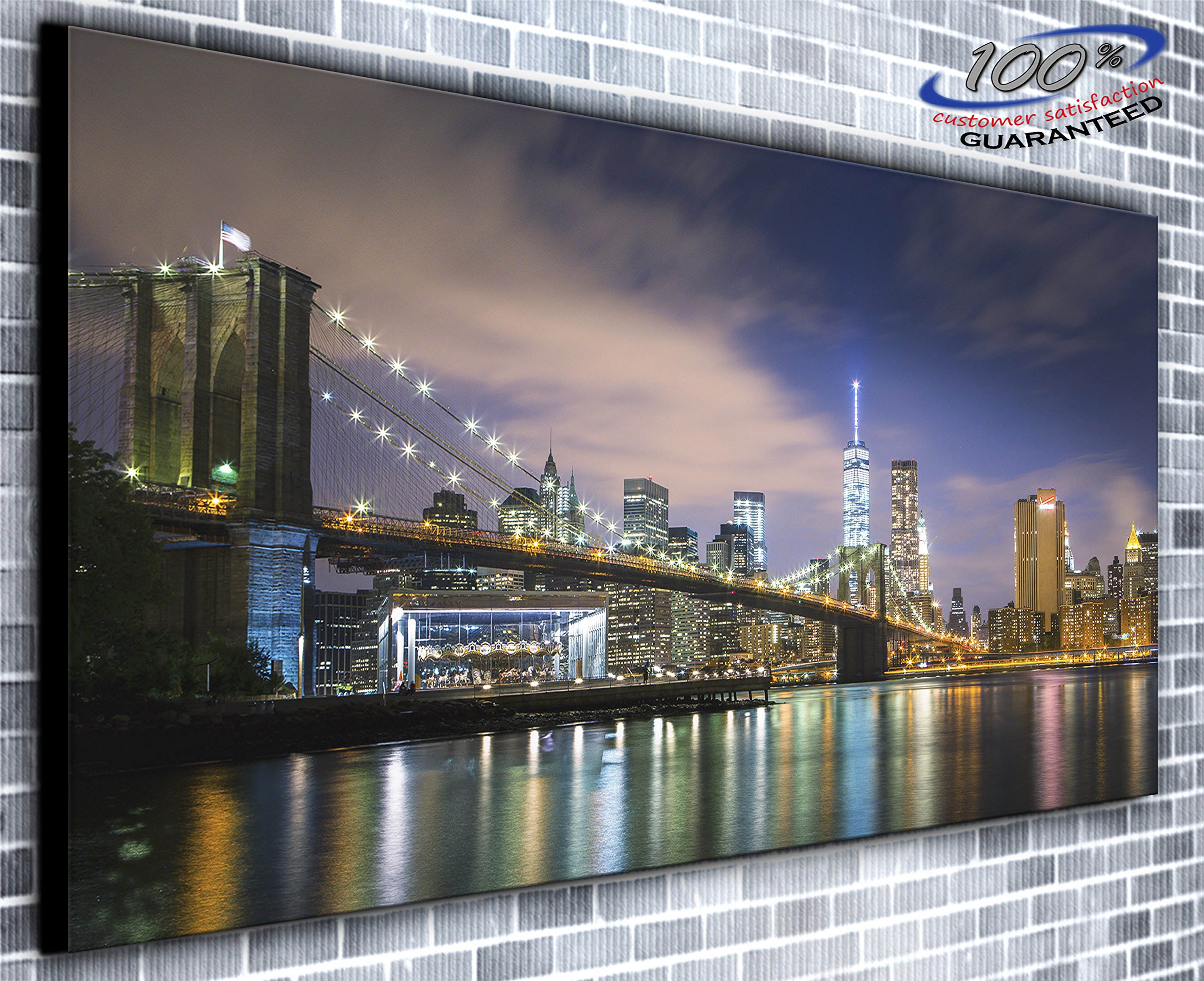 Brooklyn Bridge New York Cityscape Manhattan Panoramic Wall Art Canvas Print Framed XXL 55 inch x 24 inch Over 4.5 ft wide x 2 ft high Ready to Hang
