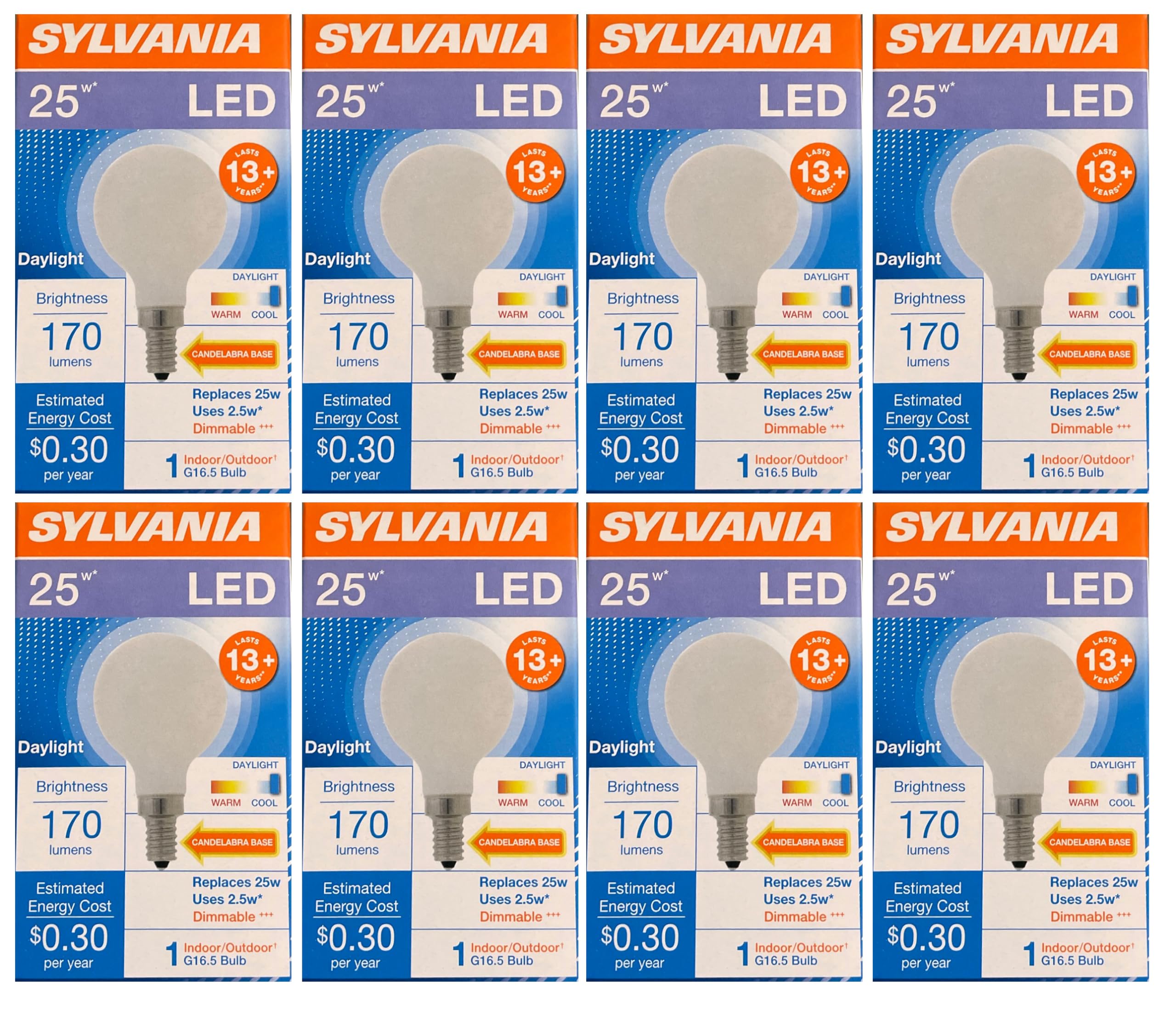 8 Bulbs) Sylvania LED G16.5 Globe, 25 watt Equivalent, Candelabra