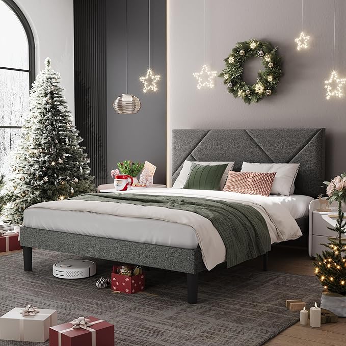 LINSY Full Size Bed Frame with Adjustable Headboard, Linen Upholstered Bed Frame with Solid Wooden Slats Support, Heavy Duty Platform Bed Full, NO Box Spring Needed, Noise-Free, Grey