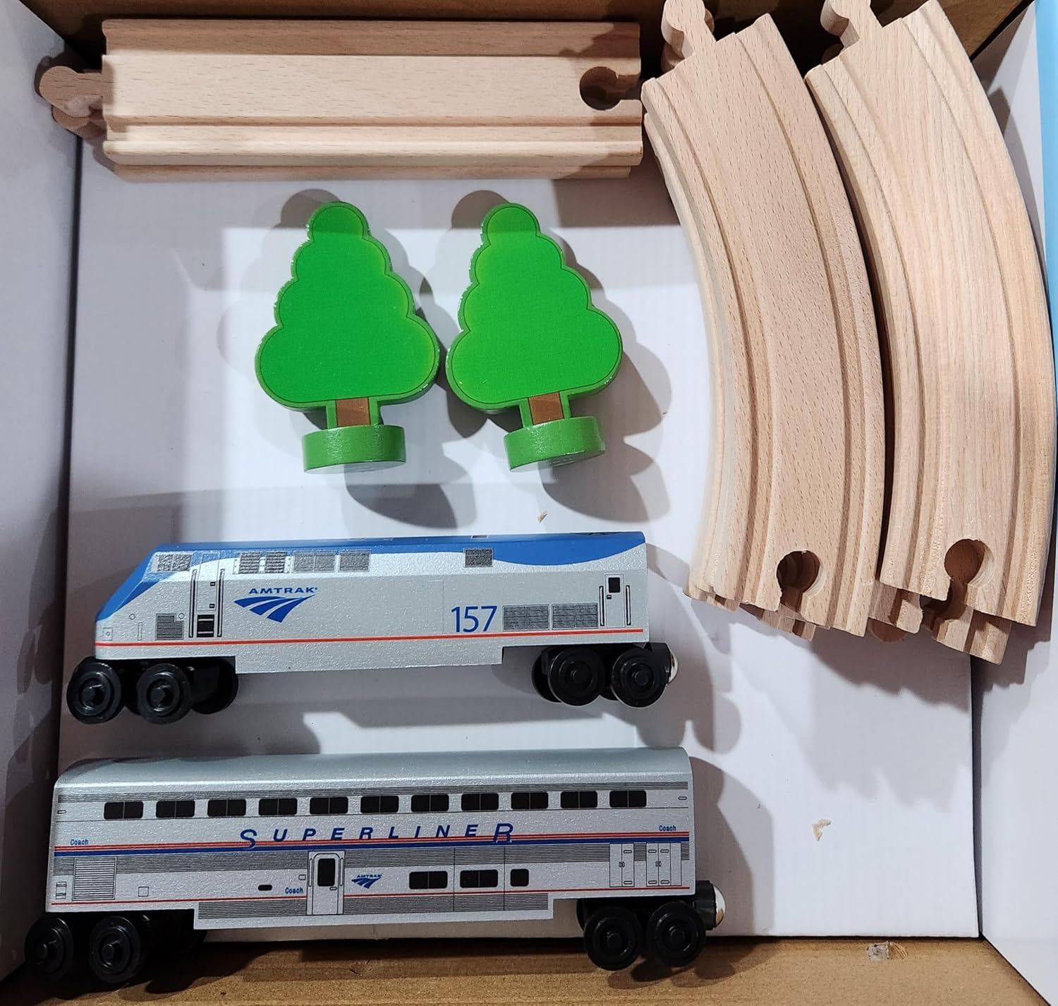 Amtrak Wooden Train Display Set – P42 Genesis 157 with Superliner Coach & Track | 14-Piece Railroad Collectible | Amtrak Railfan & Transportation Décor