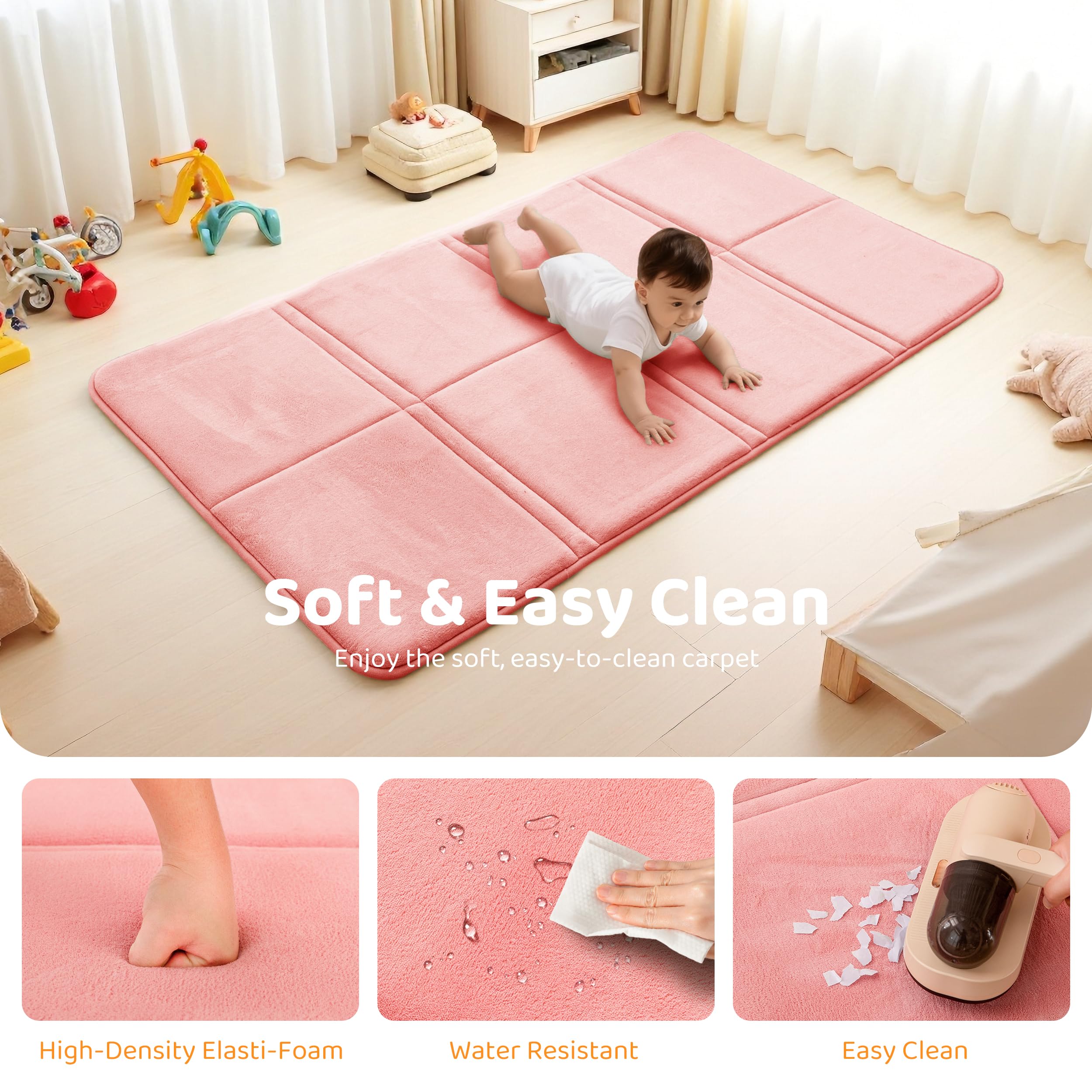 BYBYME 3cm Thick Baby Play Mat for Floor, 80 * 150cm Foldable Playpen Mat with Non-Slip Backing for Infant, Kids and Toddler Crawling, and Perfect Carpets for Yoga, Exercise, Pink - 4