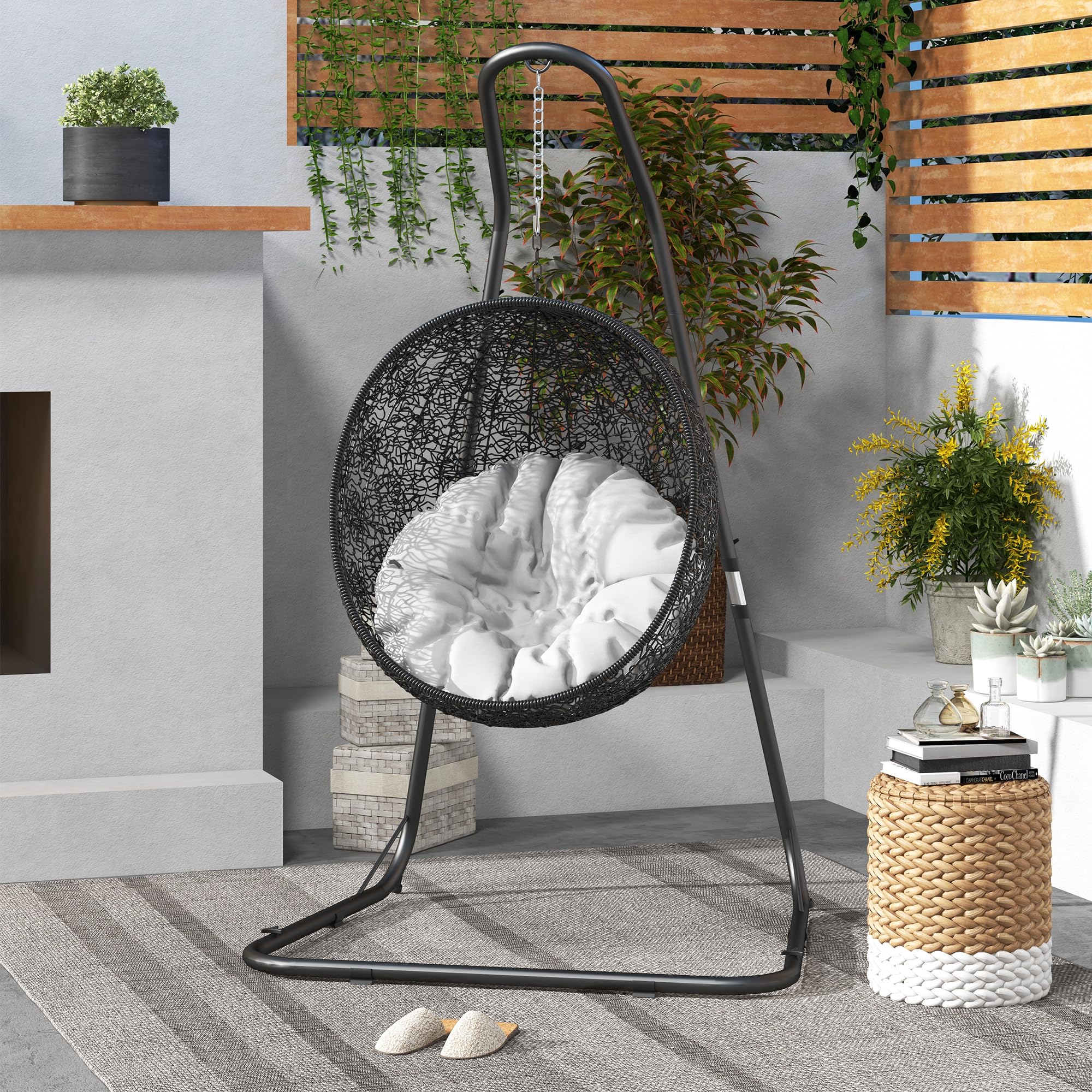 Outsunny Hängestuhlgestell Hängesesselgestell Höhenverstellbarer Ständer für Hängestuhl bis 150 kg Belastbar für Garten, Balkon, Metall, Schwarz, 133 x 116 x 195/230 cm
