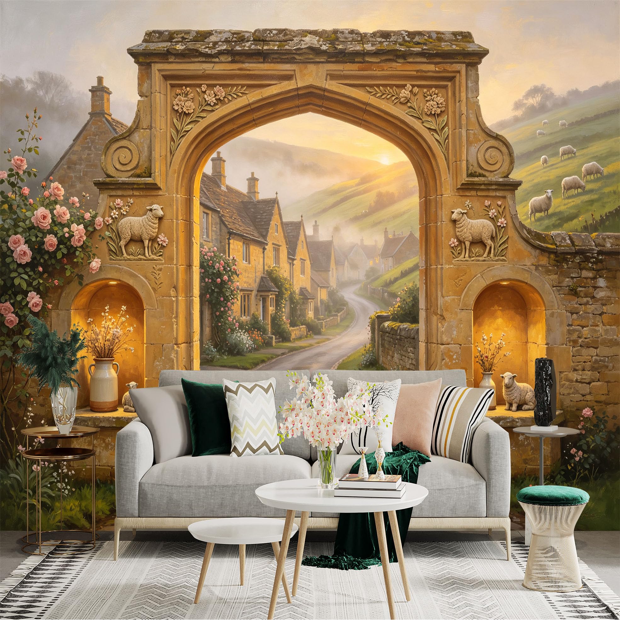 Custom Size Wall Sticker Mural， Rustic Countryside Stone Archway， Village Road and Sheep Meadow， for wall Decoration， peelandstick wall Decals.