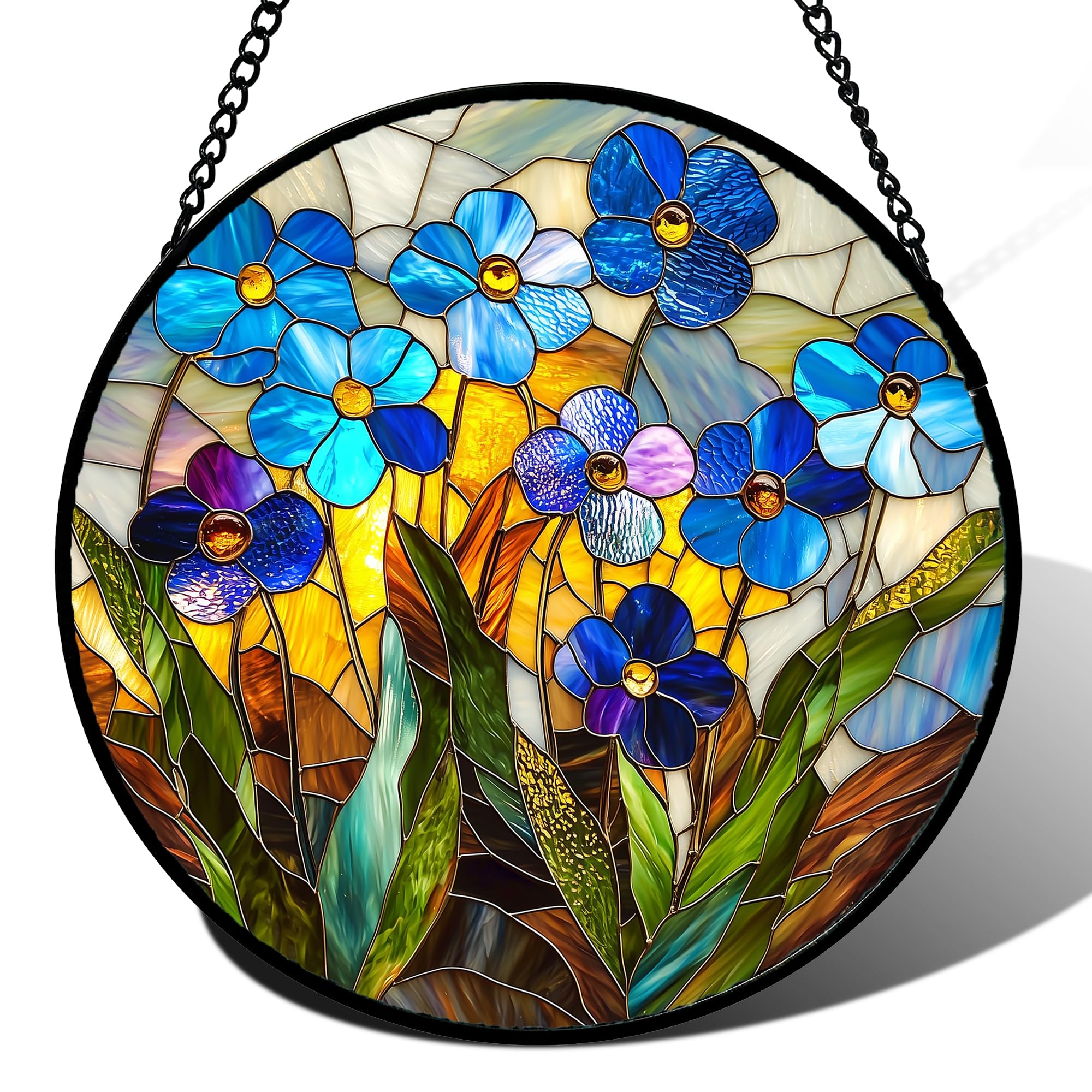 Blue Flower Stained Glass Window Hanging Suncatcher Gifts for Women 9.8"