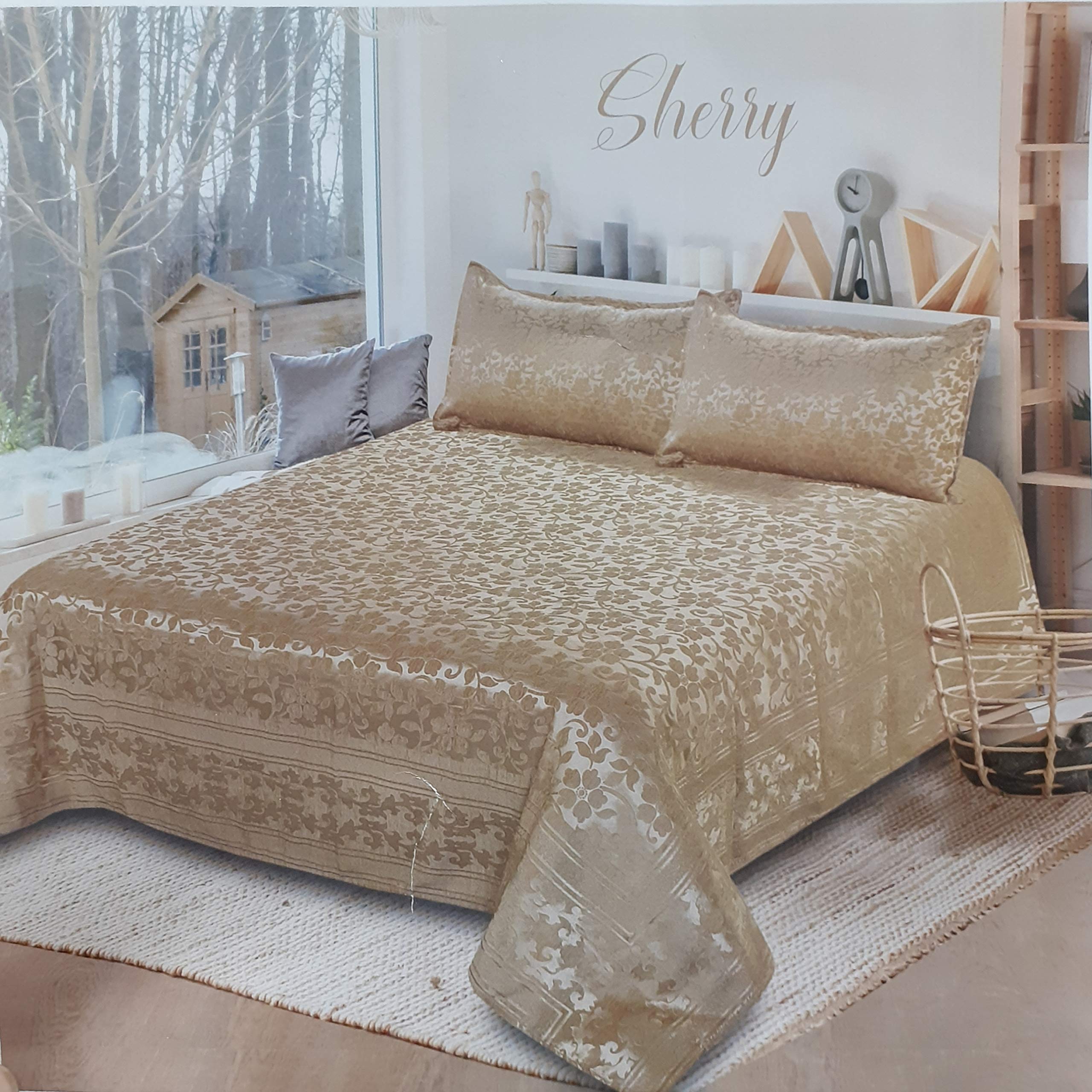 Shree Sharda Shaneel Double BedSheet Heavy Design Luxery Royal Printed Soft Shaneel Bedsheet with 2 Pillow Covers (Size 100x100) 500 TC (Beige)-image-22