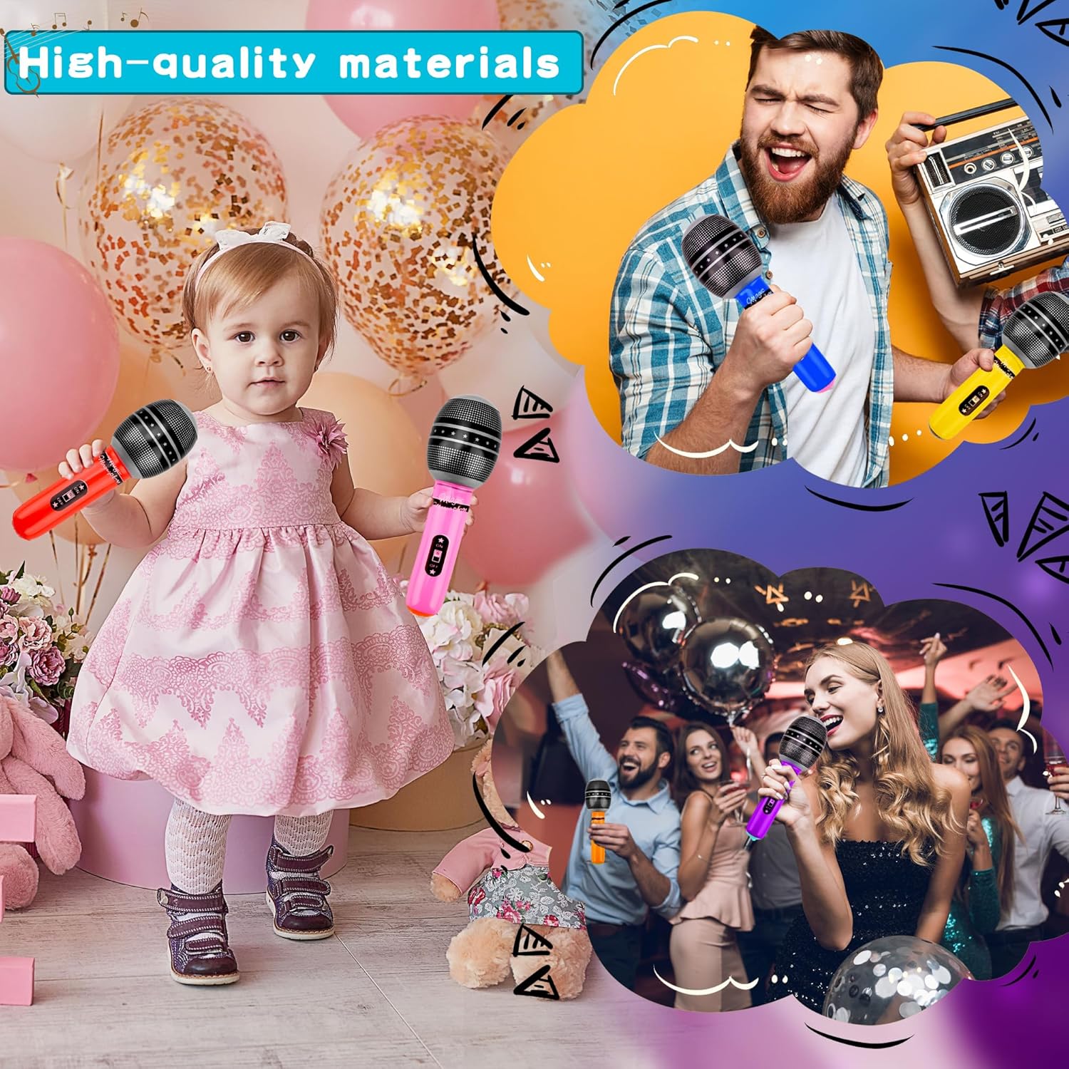 80 Pieces Inflatable Microphones Large Blow up Microphone Assorted Colors Inflatable Microphone Pretend Play Microphone Inflates for Birthday 80s 90s Musical Concert Party Supplies
