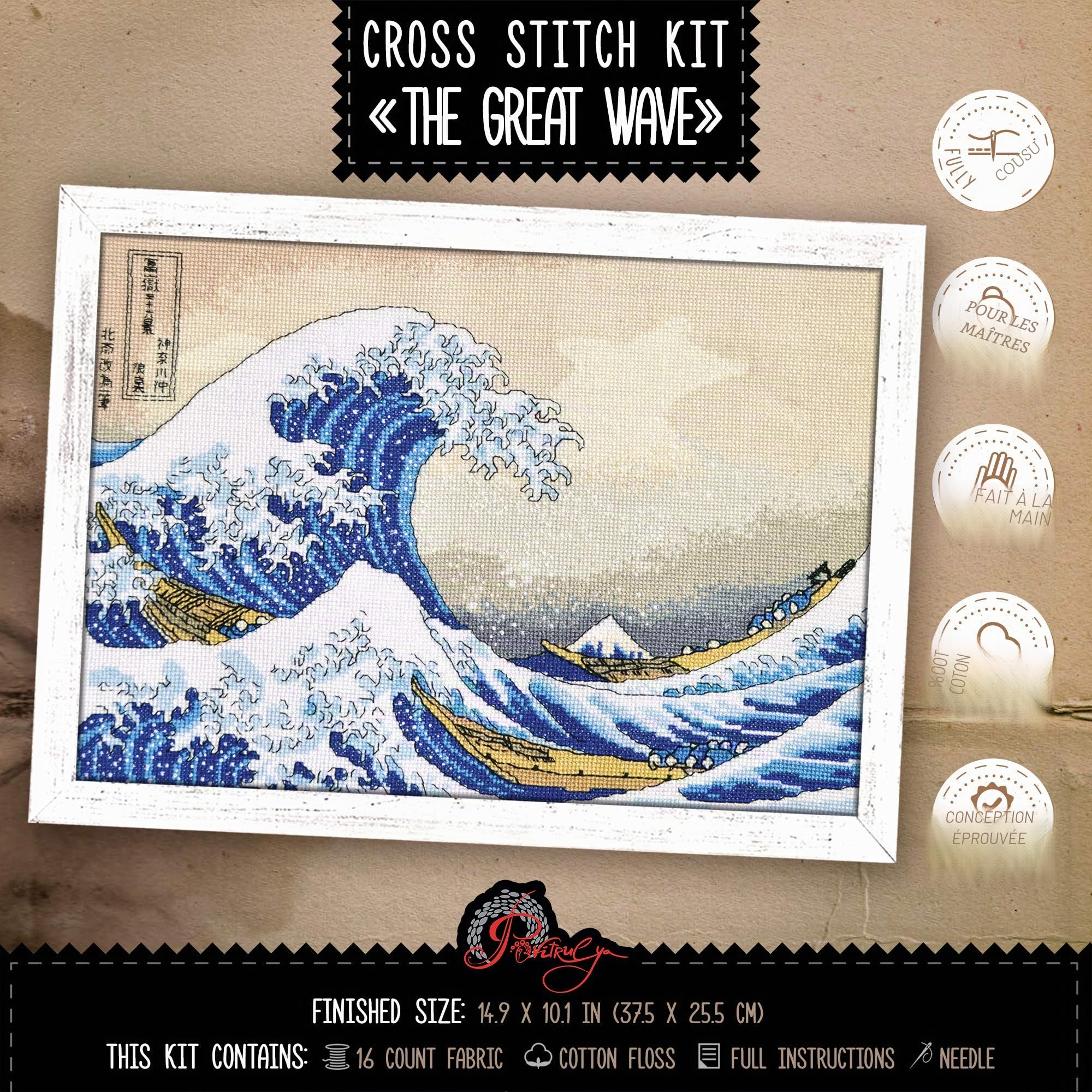 Kit de broderie au point de croix pour adultes « The Great Wave Off Kanagawa » – Art japonais Ukiyo-e de Hokusai – Ensemble de broderie avec motif japonais