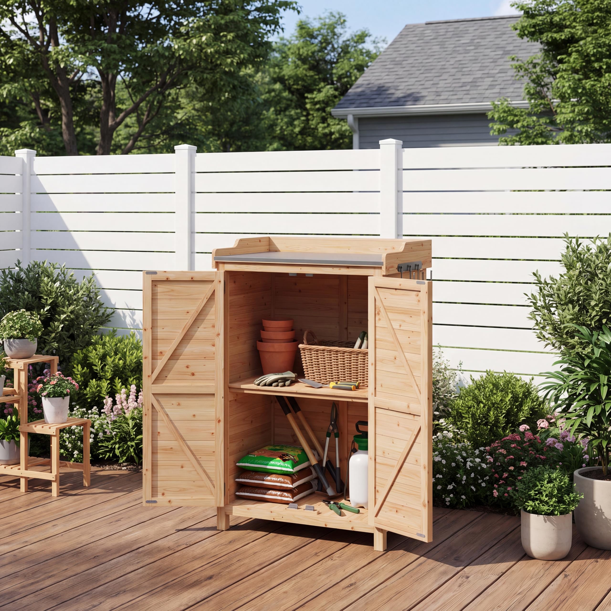 Aoxun Wooden Outdoor Storage Shed, Garden Storage Shed, Outdoor Tool Cabinet with Galvanised Top, Side Hooks and Removable Shelf, Potting Bench Table for Garden Tools, 64 x 40 x 95 cm, Natural Wood