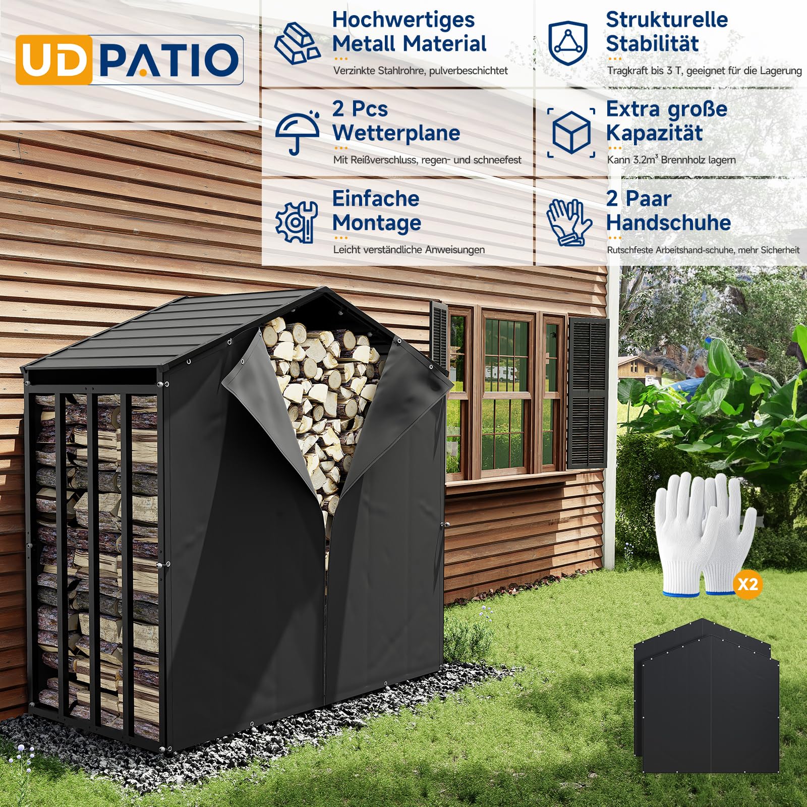 UDPATIO Metalowy regał na drewno kominkowe, antracyt, 185 x 105 x 190 cm / 3,2 m³ z metalowym dachem – odporny na warunki atmosferyczne, z plandeką odporną na promieniowanie UV, do układania w stos