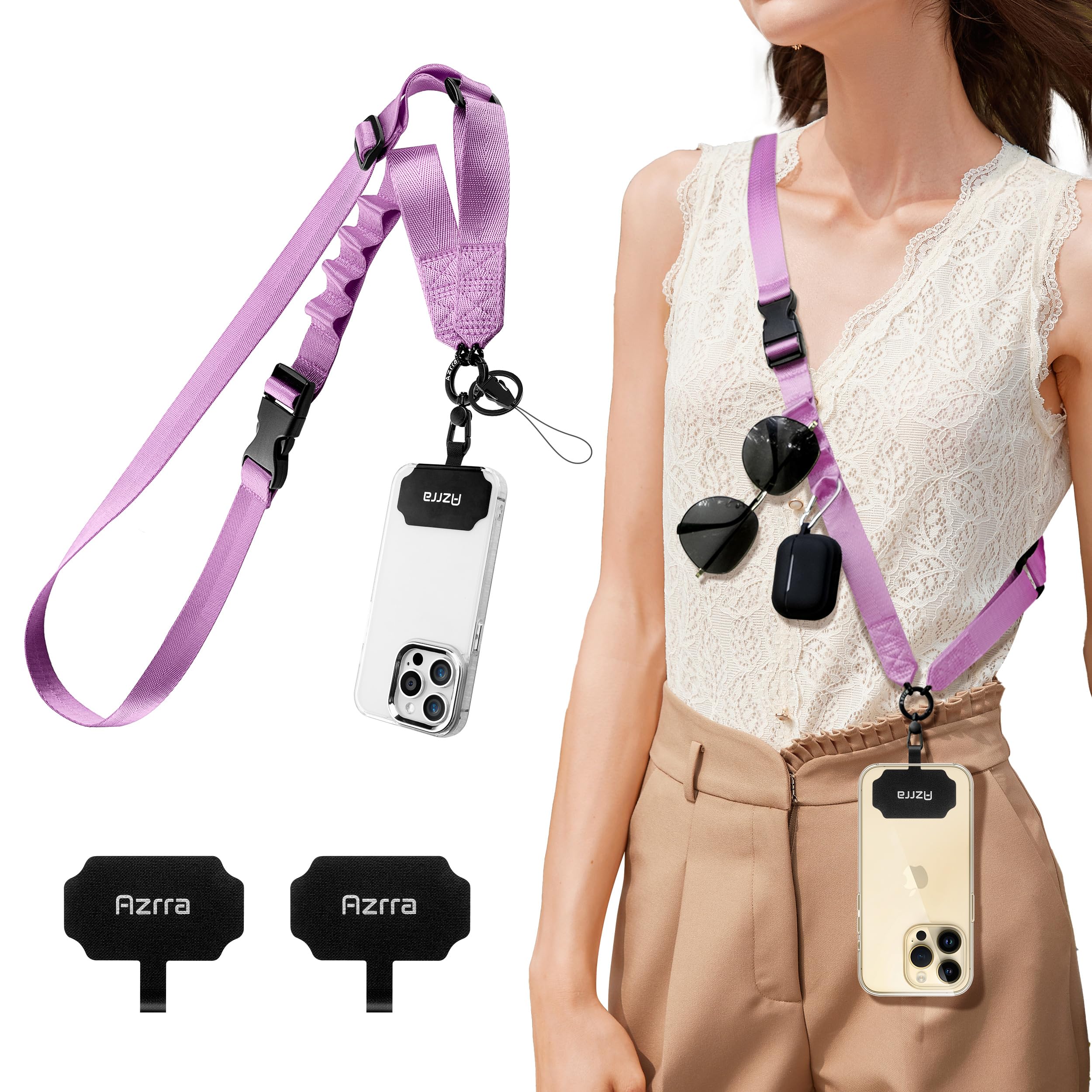 Azrra Phone Lanyard Crossbody, Cellphone Lanyard for Around the Neck, Adjustable Anti Theft Phone Strap, Black Crossbody Strap for iPhone Case, Keys, Earphone, Sunglasses, Wallet (Purple)