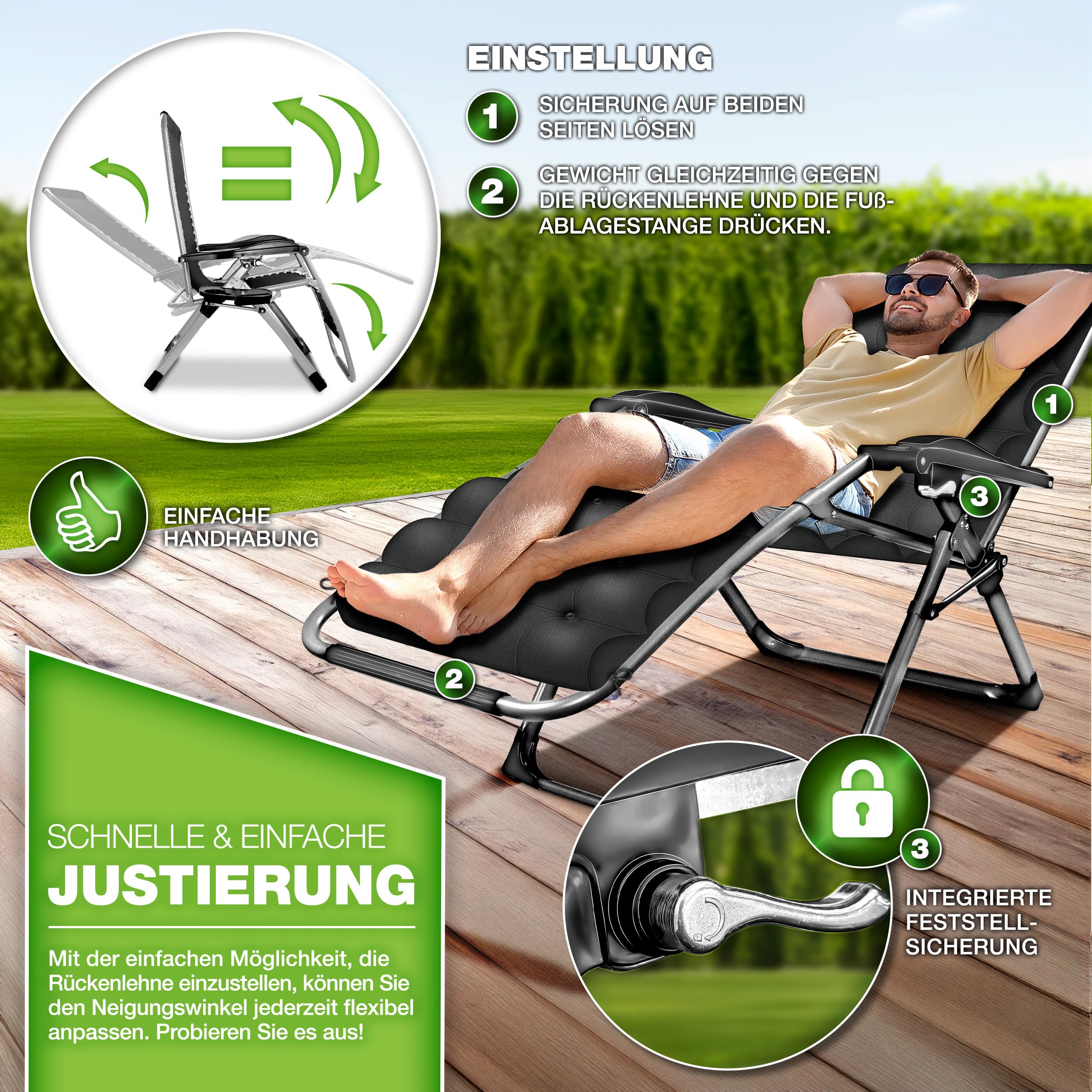 tillvex® Liegestuhl klappbar bis 200kg | Sonnenliege Gartenliege wetterfest Balkon, Garten & Terrasse | Outdoor Liege verstellbar mit dickem Polster | Relaxliege Nackenkissen (Anthrazit)