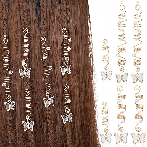FRESHME Joyas de mariposa blanca para trenzas, trenzas de cristal de hada, accesorios de rastas de cabello dorado, dijes de metal en espiral, pinzas