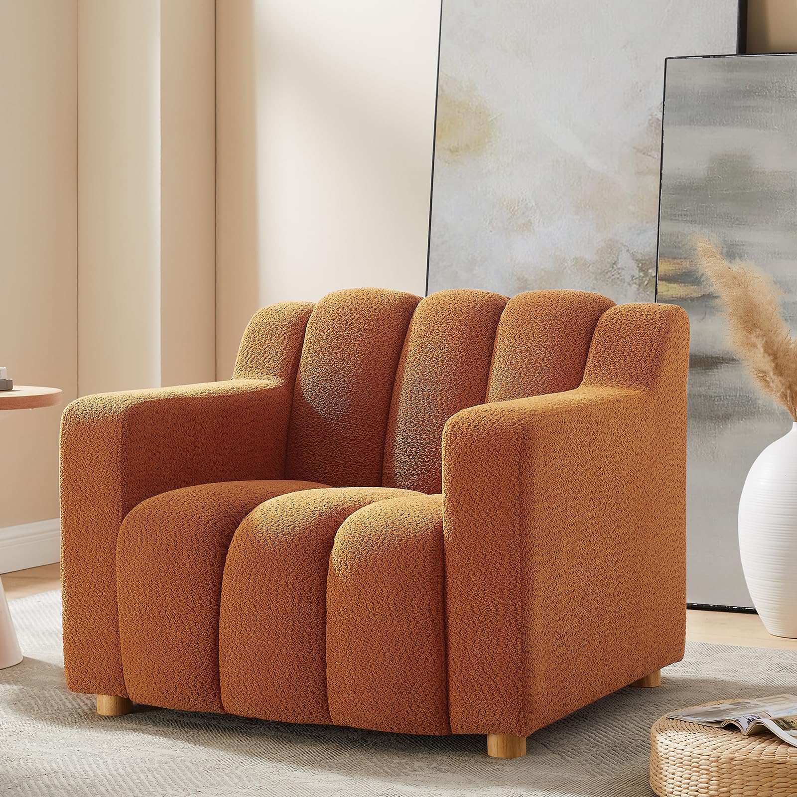 Elevyoliv Modern Oversized Living Room Chairs, 40" Wide Boucle Accent Chairs with Deep Seat and Wooden Legs, Comfy Reading Arm Chair for Bedroom,