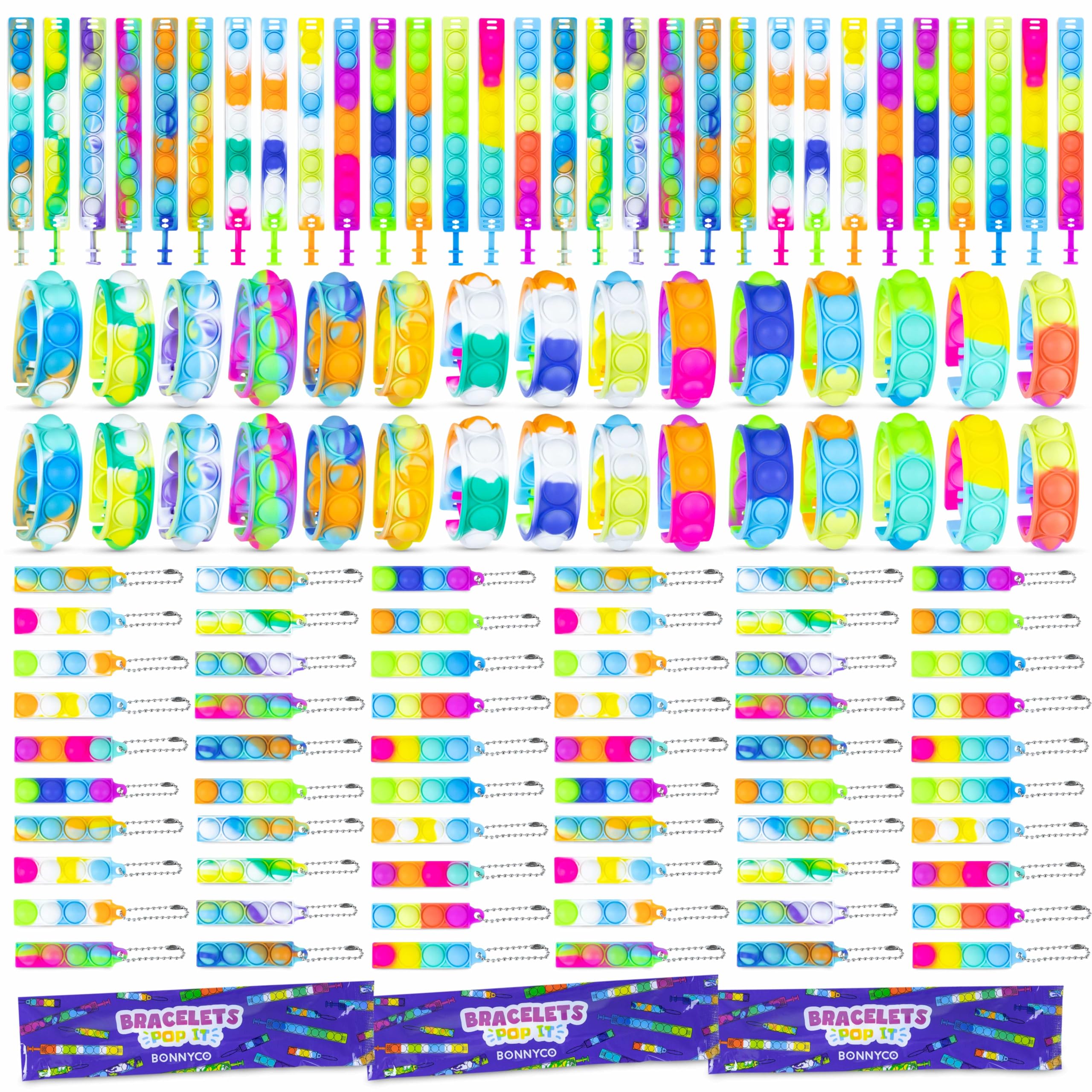 BONNYCO Pulseras y Llaveros Pop It Pack 60 Regalos Cumpleaños Niños Colegio. Detalles Cumpleaños Niños, Relleno Piñata Infantil. Fidget Toy para Regalitos Invitados, Regalos Alumnos Primaria