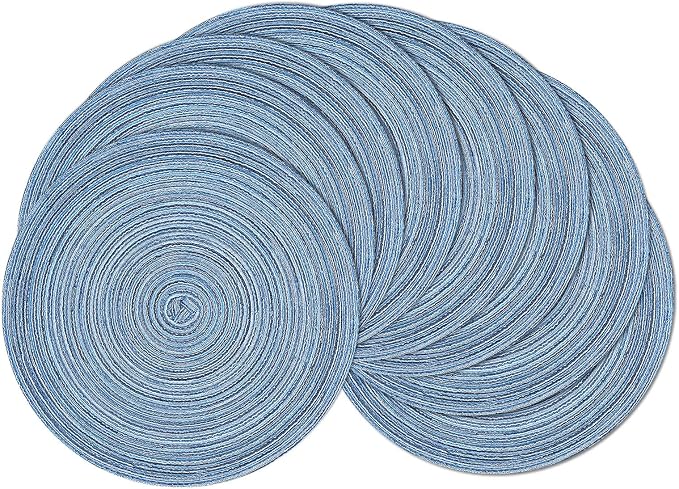 SHACOS Round Braided Placemats Set of 8 Round Table Mats for Dining Tables Washable Fabric Kitchen Table Place Mats (Blue White, 8)