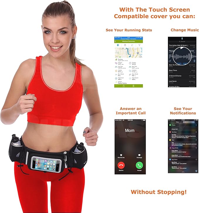 RunTasty Running Fuel Belt Touch Screen Features for Uninterrupted Runs Female runner in red athletic wear using RunTasty running fuel belt with touch screen compatible phone cover to view running stats, change music, answer calls, and see notifications without stopping, featuring dual BPA-free water bottles for hydration.
